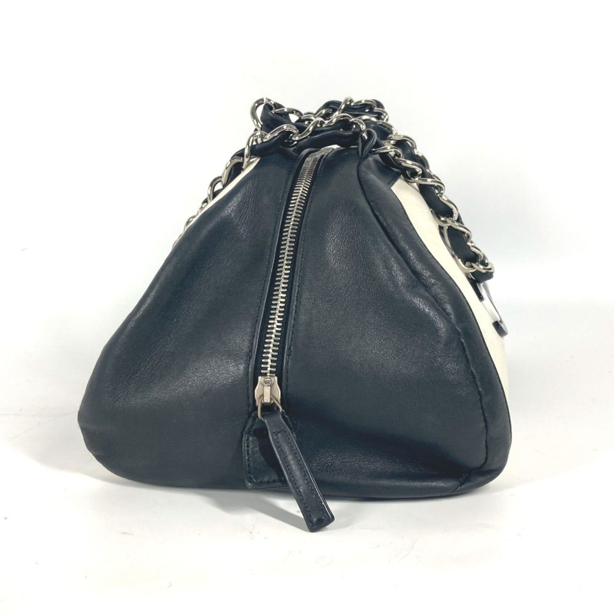 Chanel Black White Leather Boston Bag Shoulder Bag (Pre-Owned)