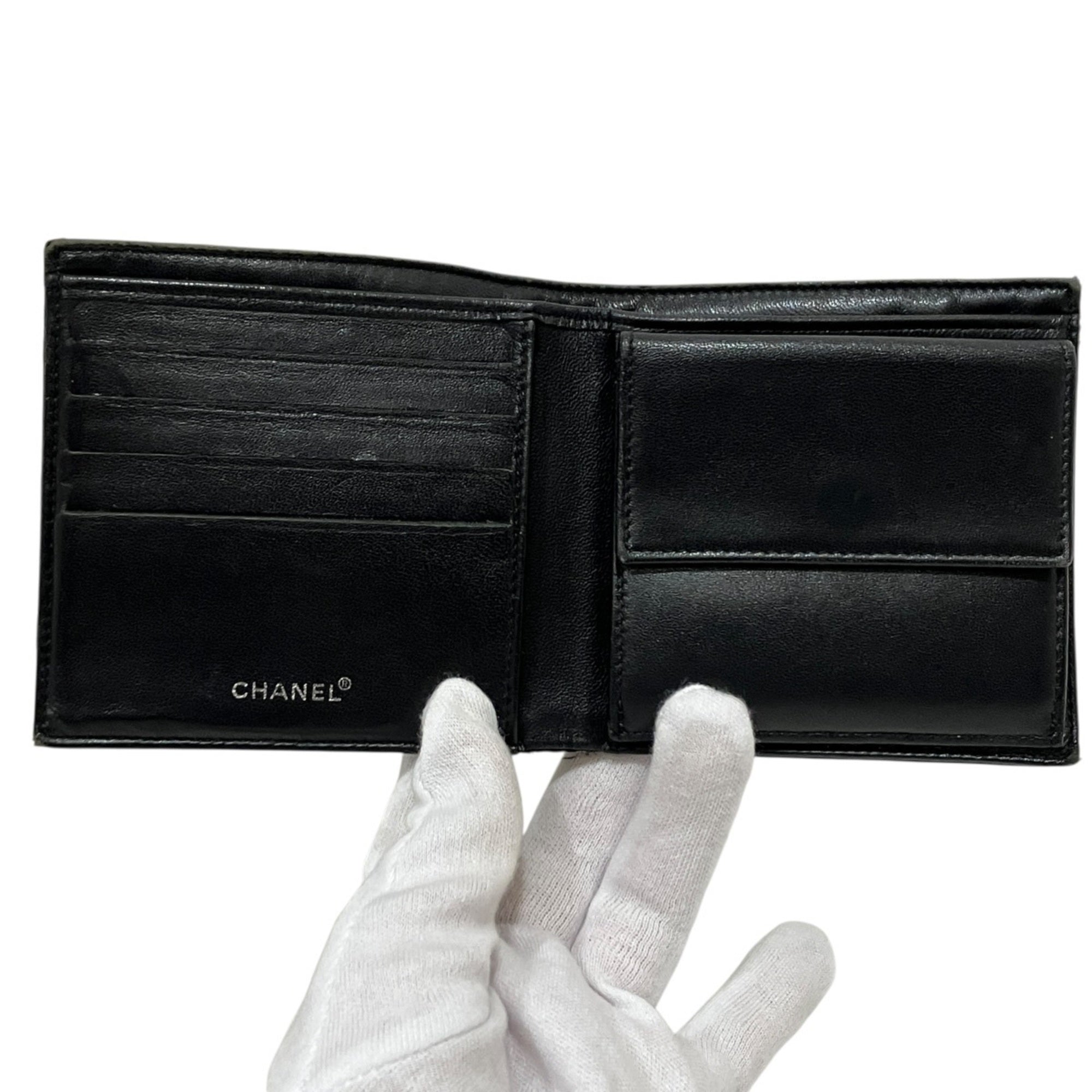 Chanel New Travel Line Black Leather Canvas Wallet (Bi-Fold) (Pre-Owned)
