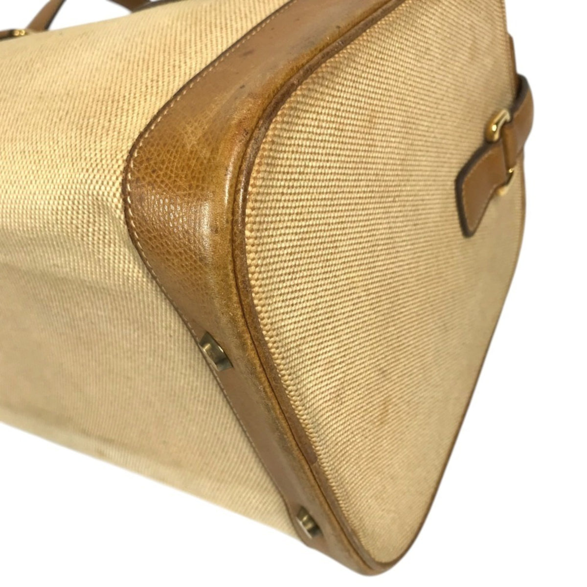 Hermes Beige Brown Leather Canvas Boston Bag Shoulder Bag Vanity Bag (Pre-Owned)