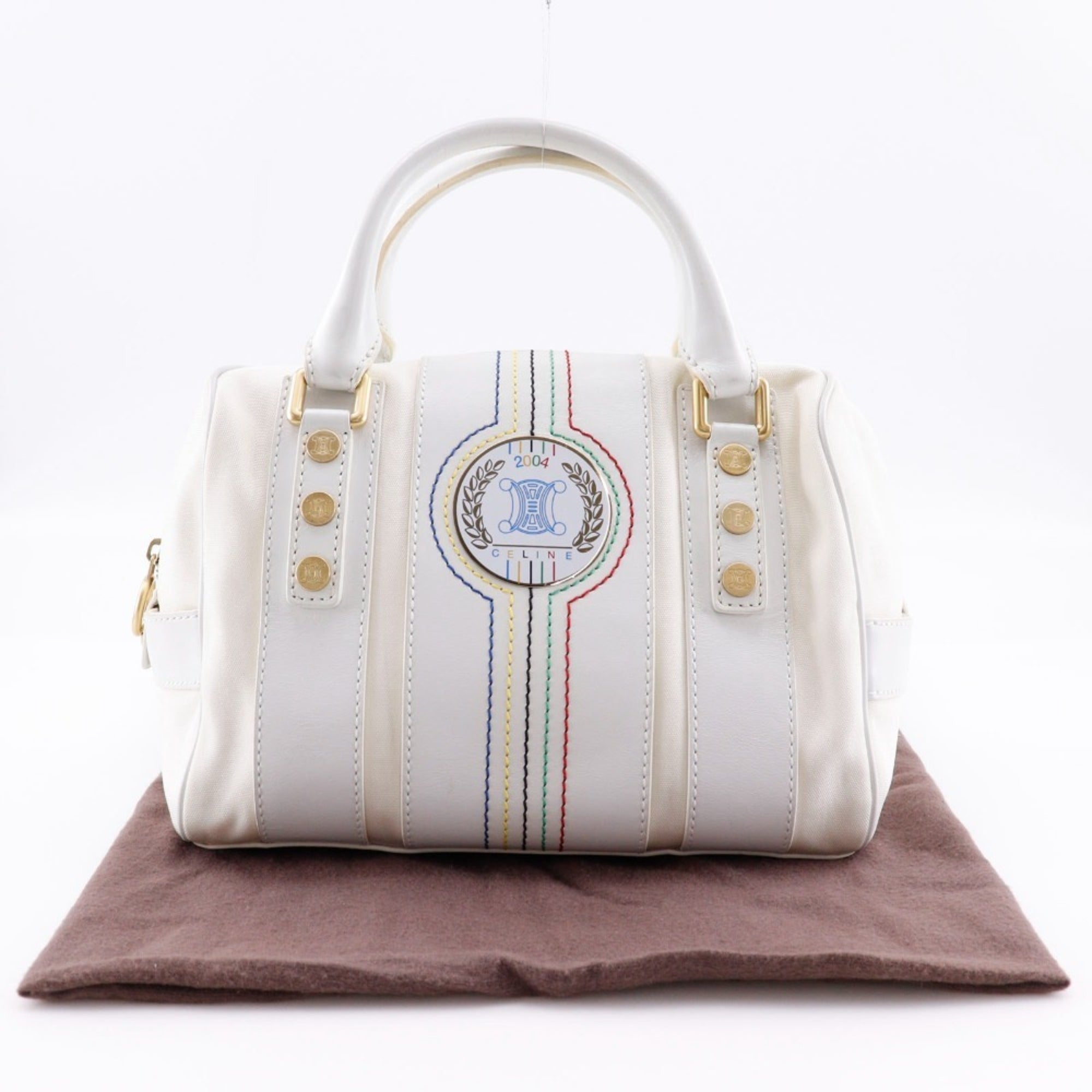 Celine White Nylon Canvas Leather Boston Bag Handbag (Pre-Owned)