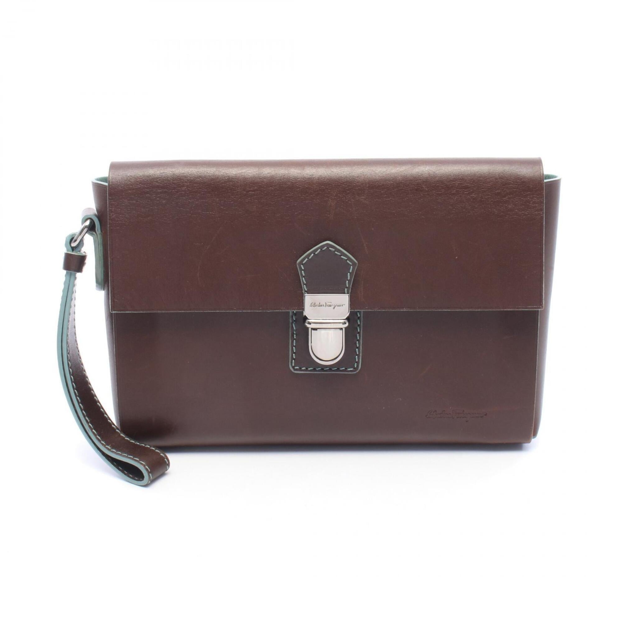 Salvatore Ferragamo Brown Leather Clutch Bag Handbag (Pre-Owned)