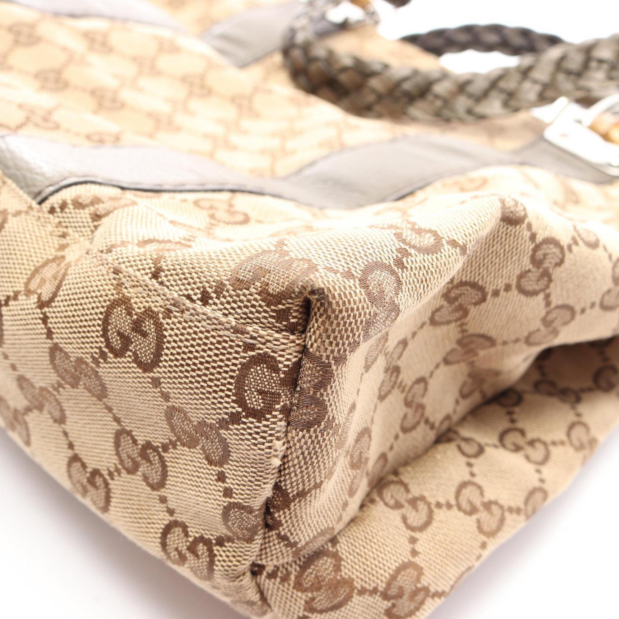 Gucci Beige Khaki Canvas Leather Handbag Tote Bag (Pre-Owned)