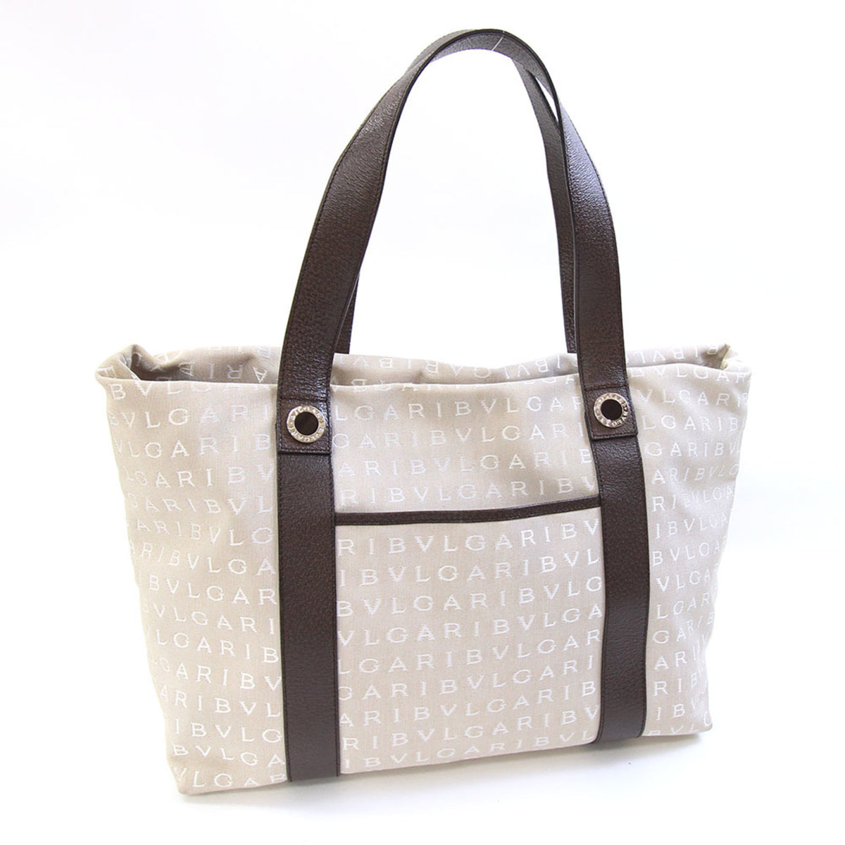 Bvlgari Beige Dark Brown Canvas Leather Handbag Pouch Tote Bag (Pre-Owned)