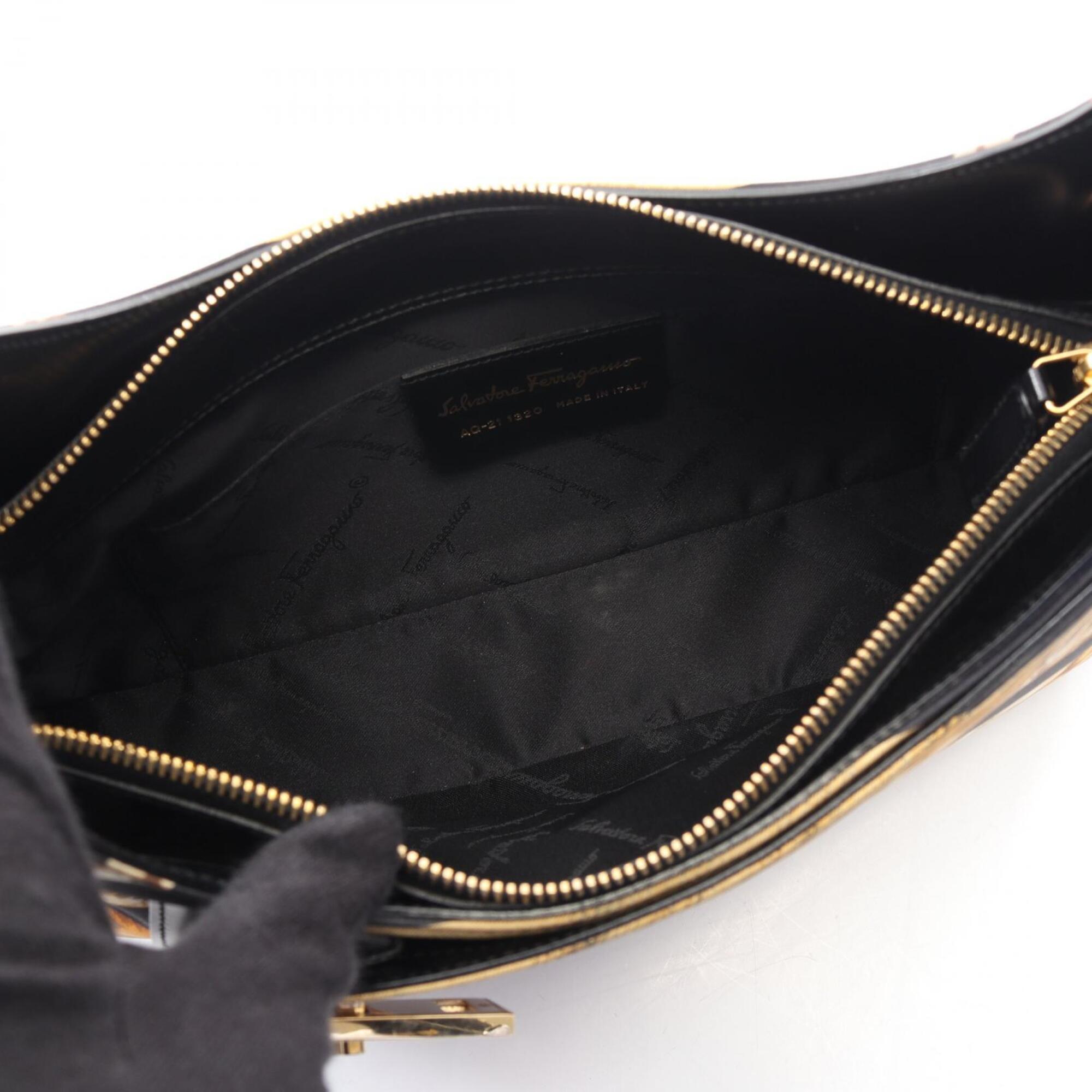 Salvatore Ferragamo Black Brown Canvas Leather Handbag Shoulder Bag (Pre-Owned)