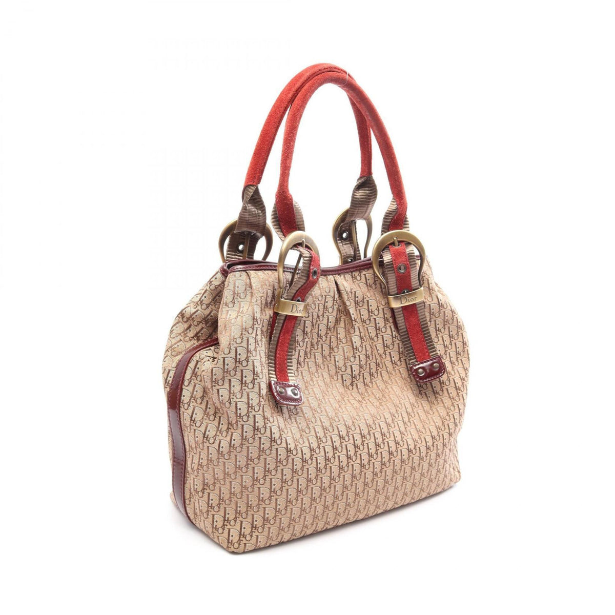 Christian Dior Beige Bordeaux Canvas Patent Leather Suede Handbag Tote Bag (Pre-Owned)