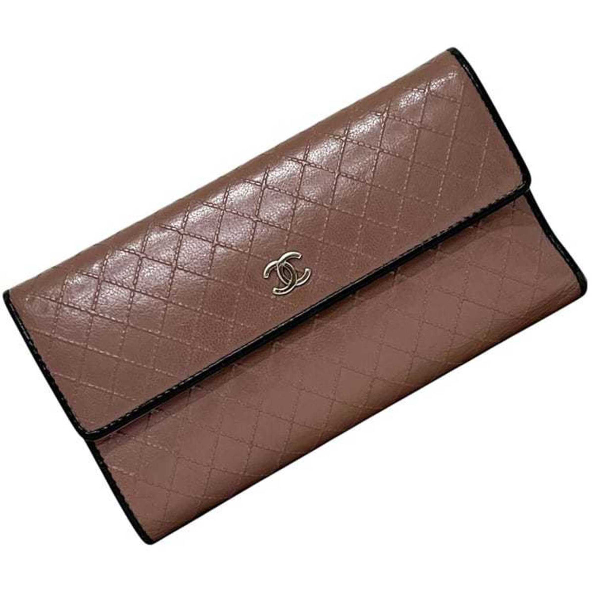 Chanel Black Pink Beige Leather Long Wallet (Tri-Fold) (Pre-Owned)