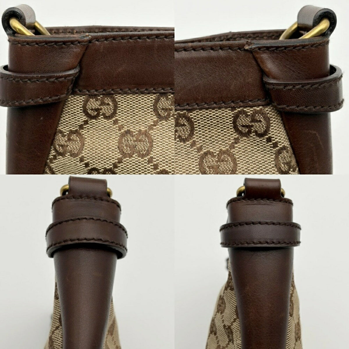 Gucci Gg Canvas Beige Dark Brown Gg Canvas Leather Shoulder Bag (Pre-Owned)