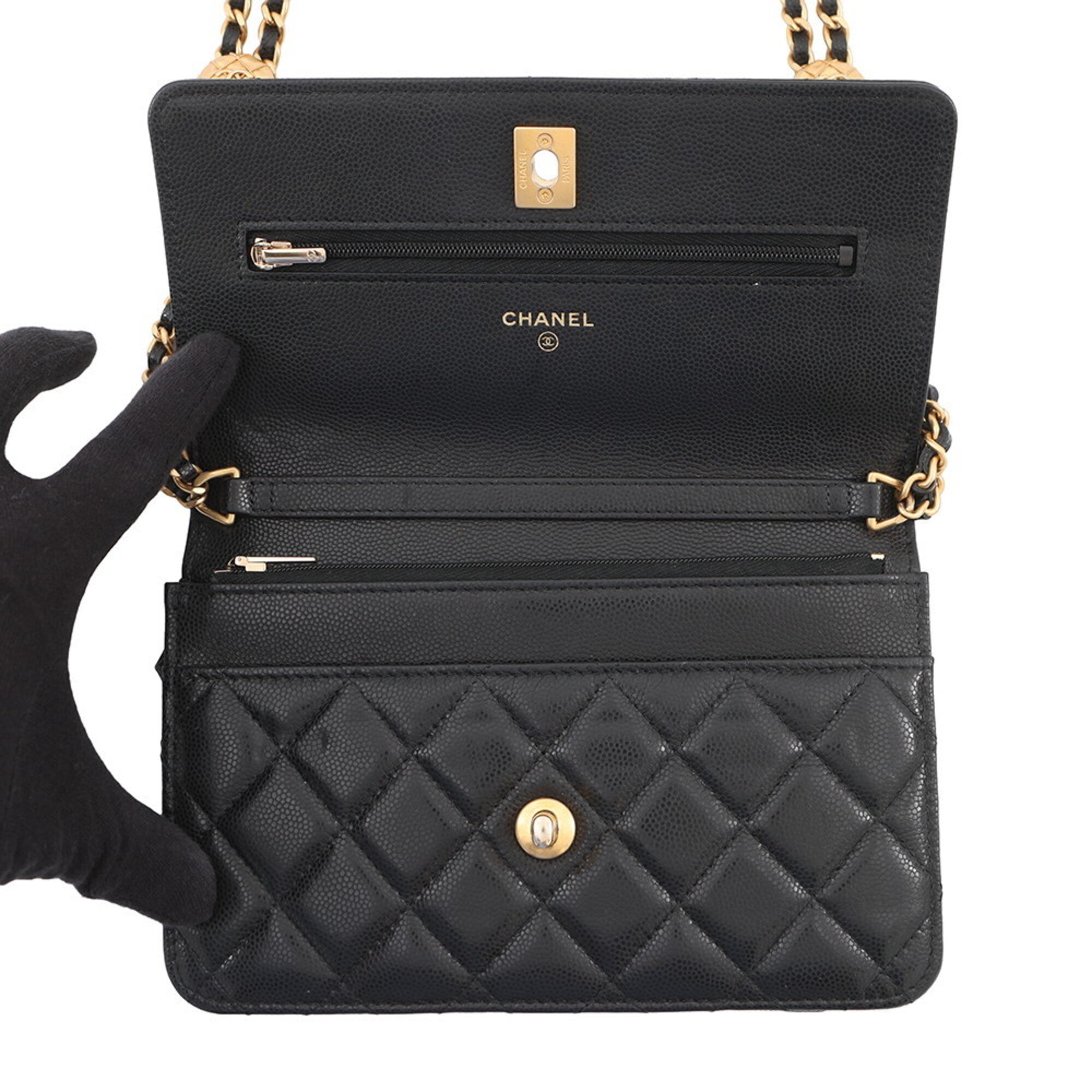 Chanel Black Grained Calfskin Chain/Shoulder Wallet (Pre-Owned)