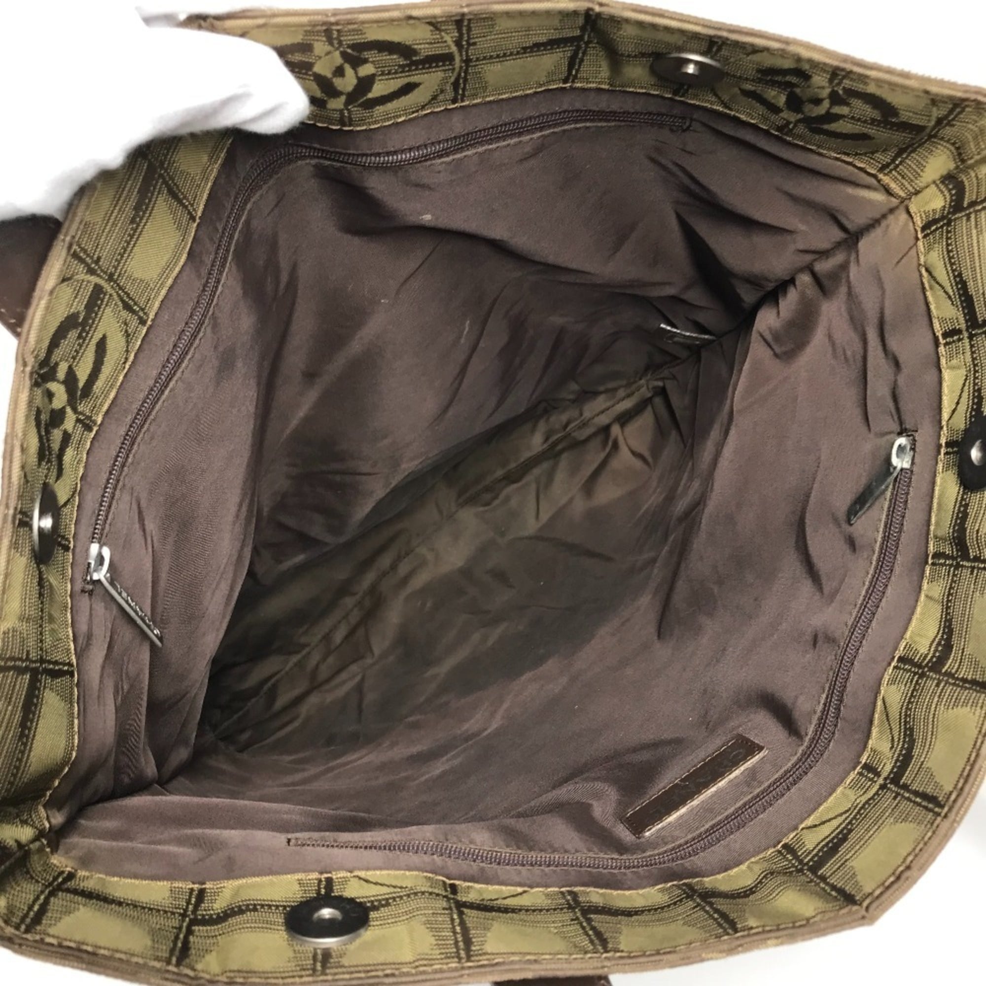 Chanel Khaki Nylon Leather Handbag Tote Bag (Pre-Owned)