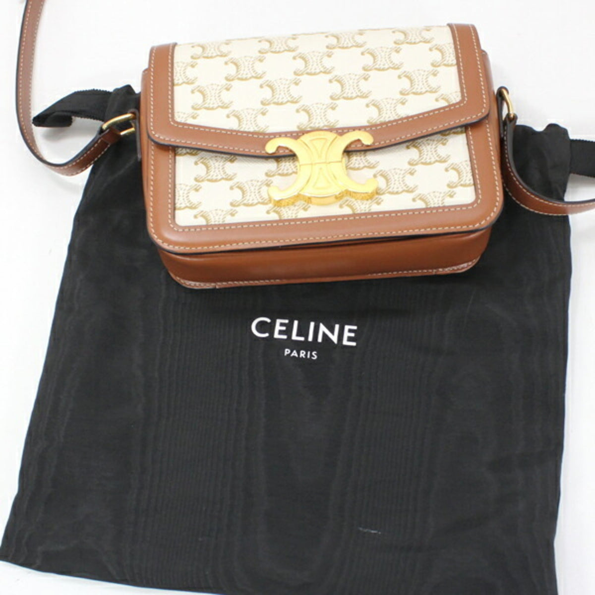 Celine Brown White Canvas Leather Shoulder Bag (Pre-Owned)
