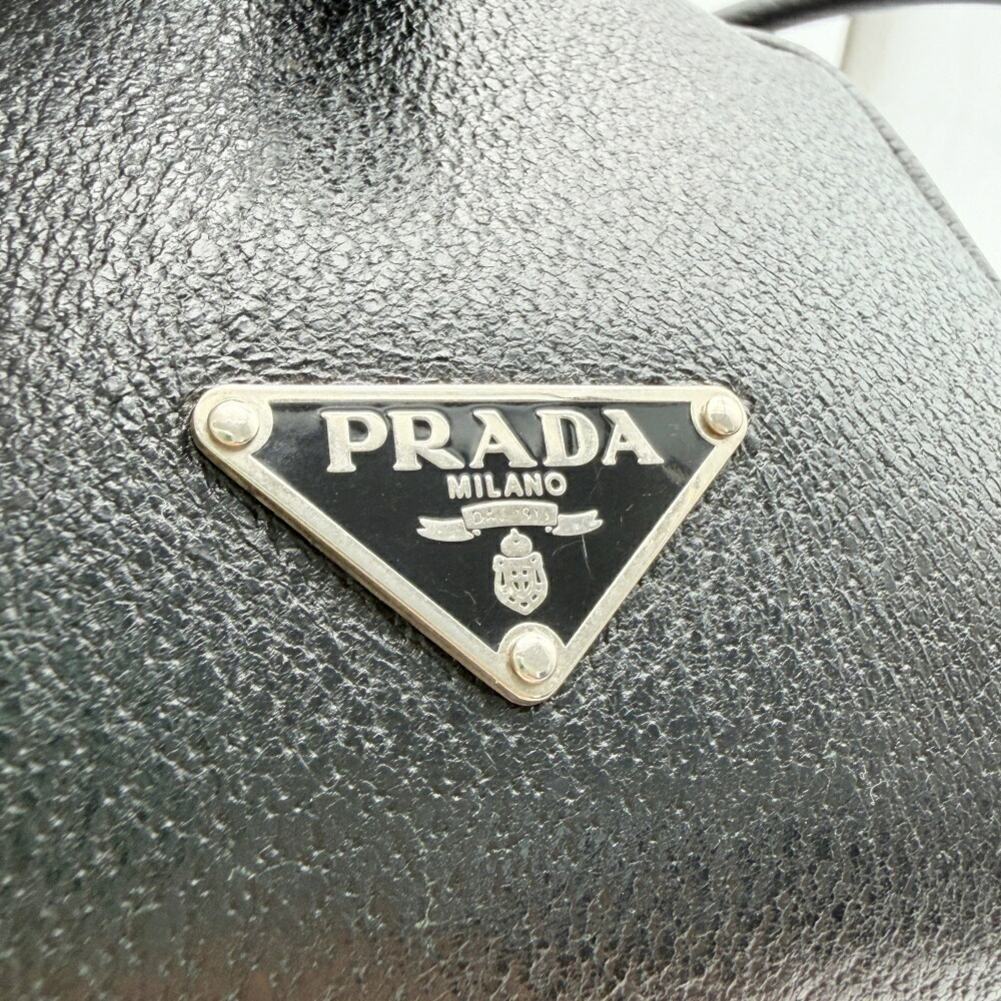 Prada Black Gray Canvas Leather Boston Bag Handbag (Pre-Owned)