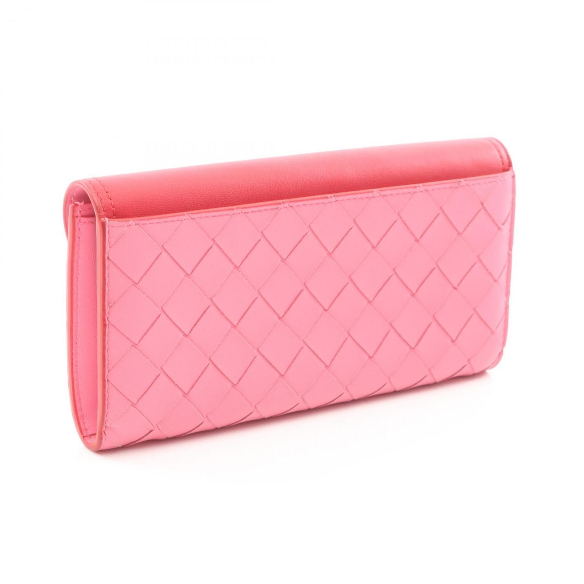 Bottega Veneta Intrecciato Pink Red Color Leather Long Wallet (Bi-Fold) (Pre-Owned)