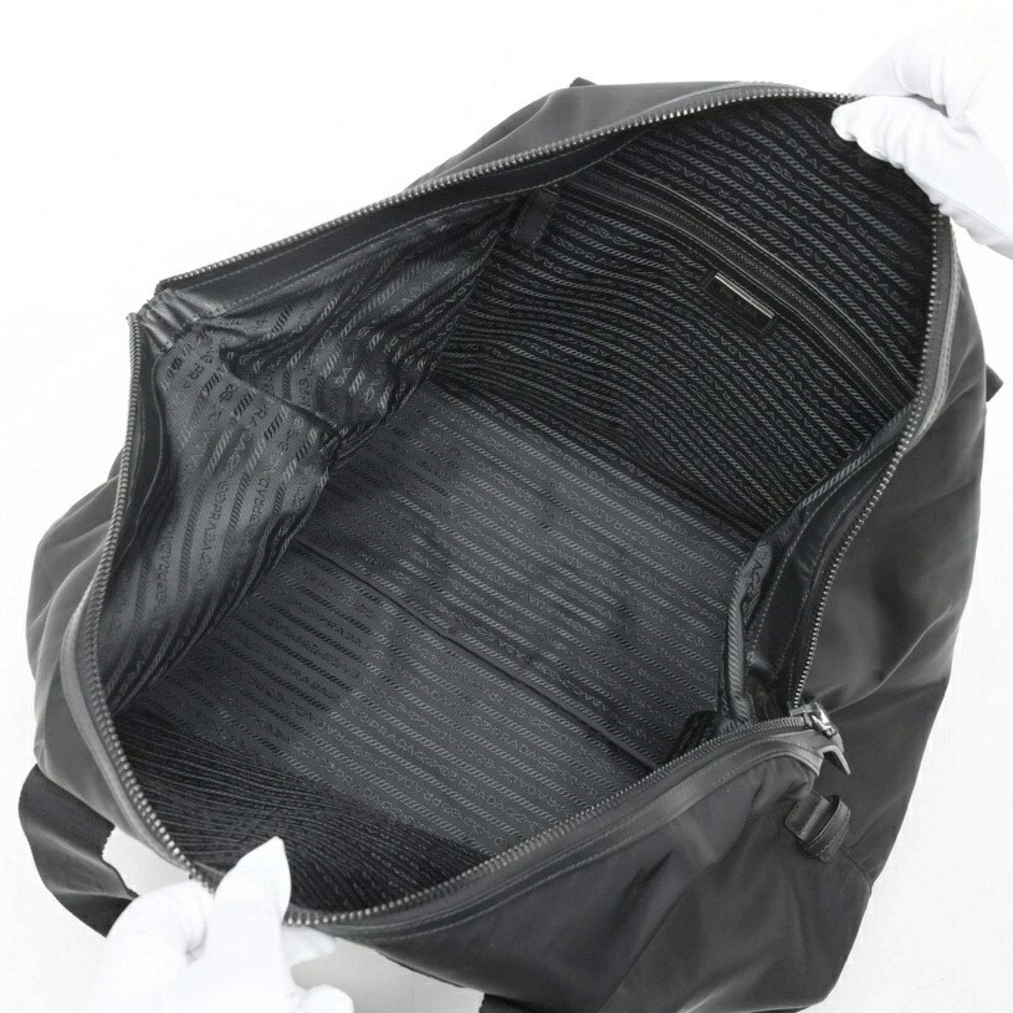 Prada Black Nylon Leather Fabric Saffiano Boston Bag (Pre-Owned)