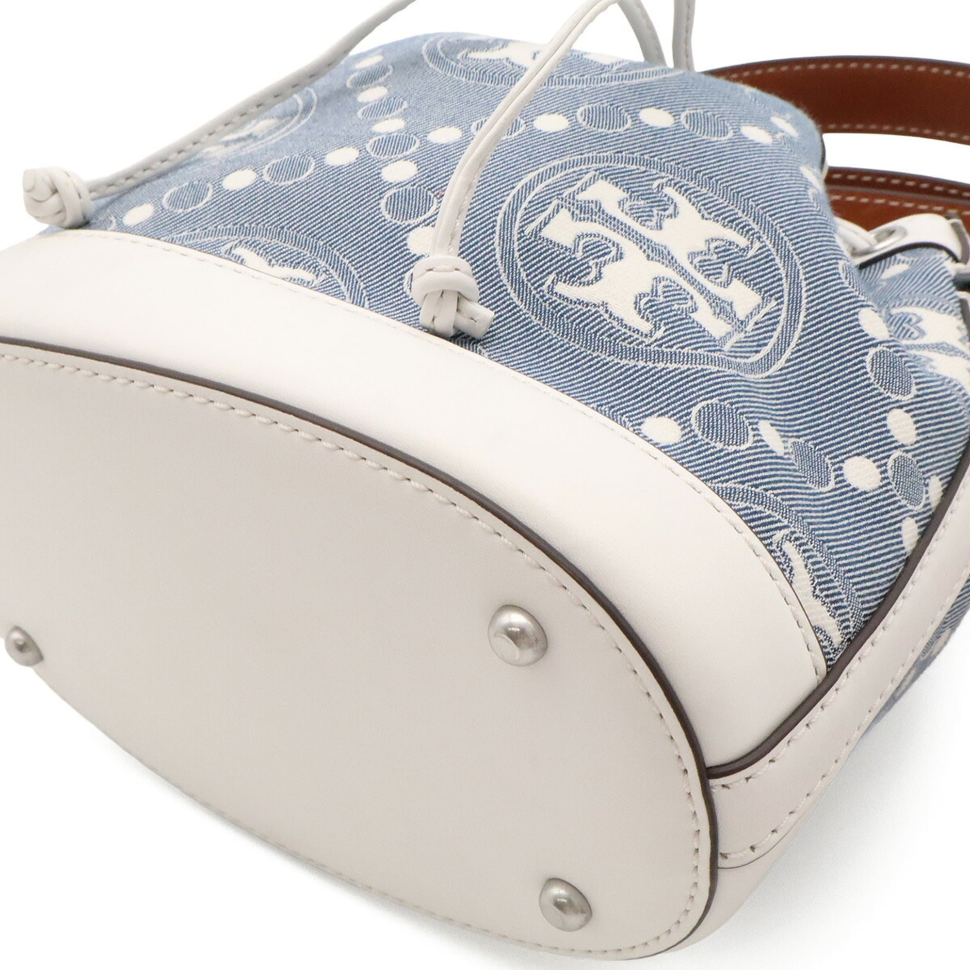 Tory Burch Brown Light Blue White Leather Denim Jacquard Handbag Shoulder Bag (Pre-Owned)