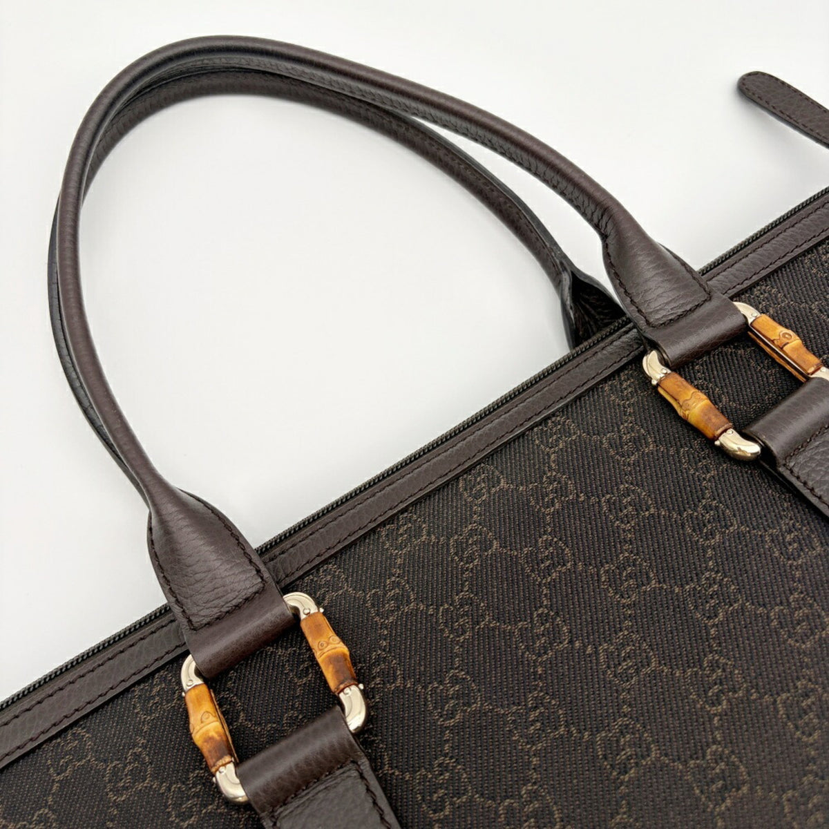 Gucci Dark Brown Canvas Bamboo Leather Tote Bag (Pre-Owned)