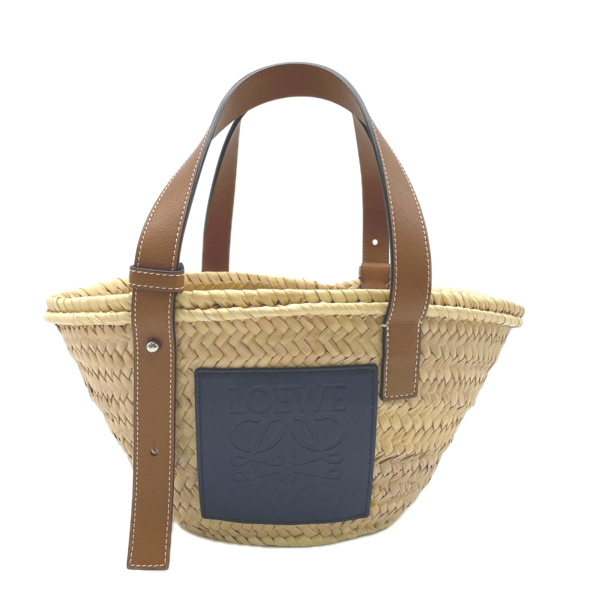 Loewe Beige Brown Navy Raffia Leather Basket Handbag (Pre-Owned)