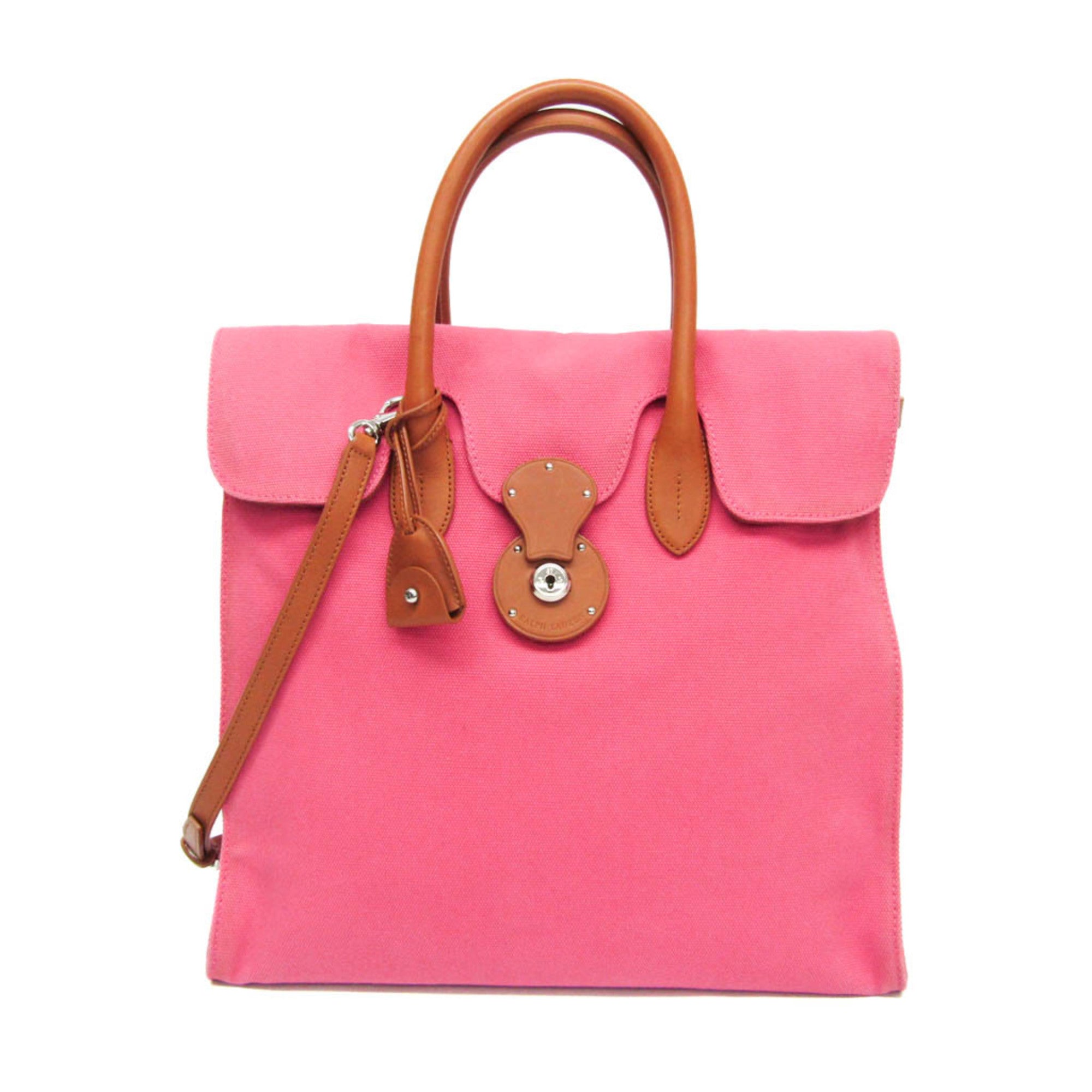Ralph Lauren Ricky Brown Pink Leather Canvas Handbag Shoulder Bag (Pre-Owned)