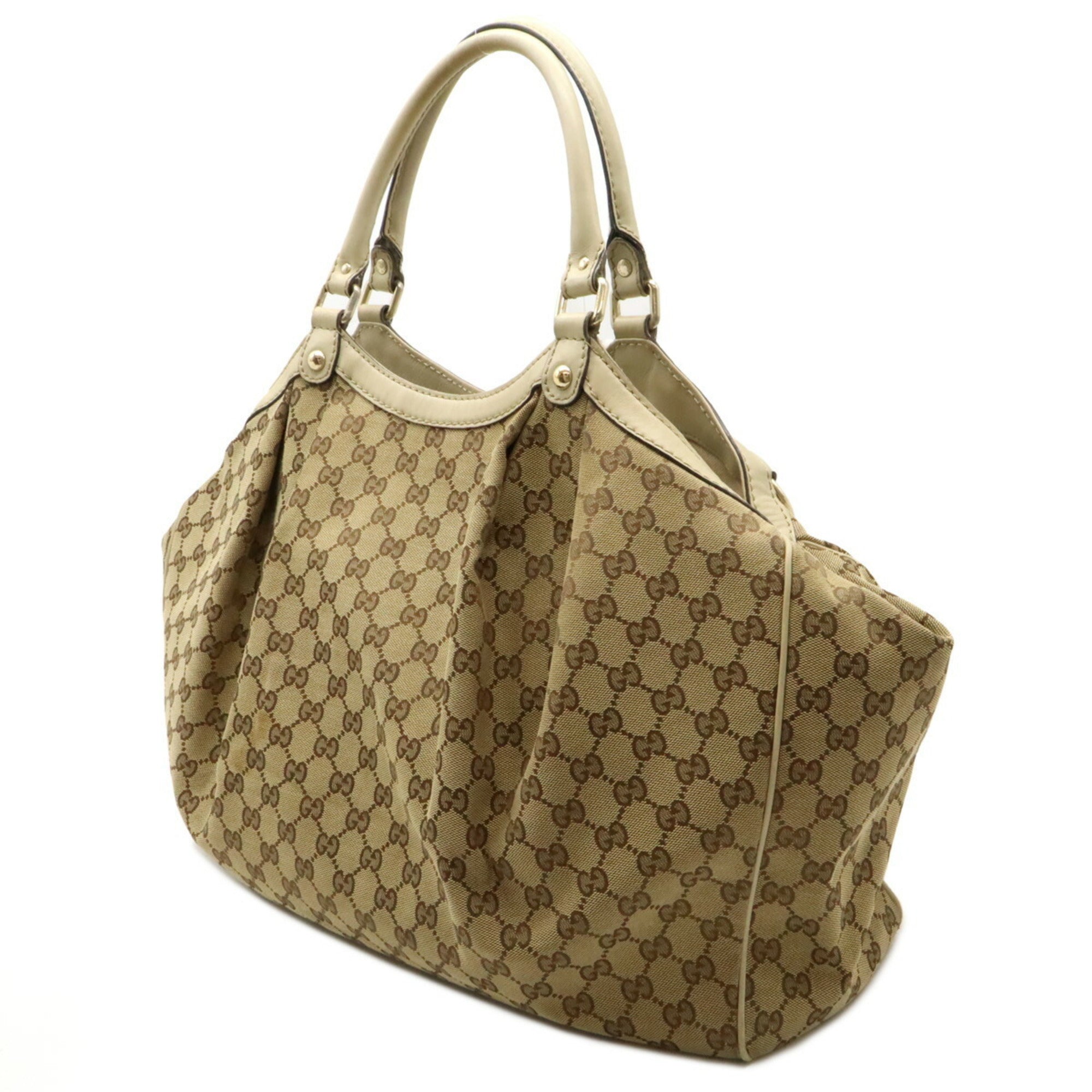 Gucci Beige Ivory Khaki Gg Canvas Leather Shoulder Bag Tote Bag (Pre-Owned)