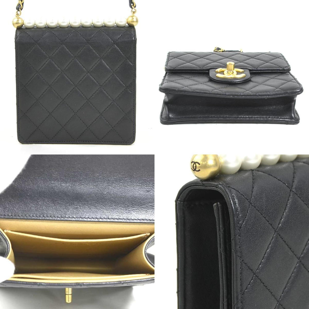 Chanel Black Off-White Leather Artificial Pearl Shoulder Bag (Pre-Owned)