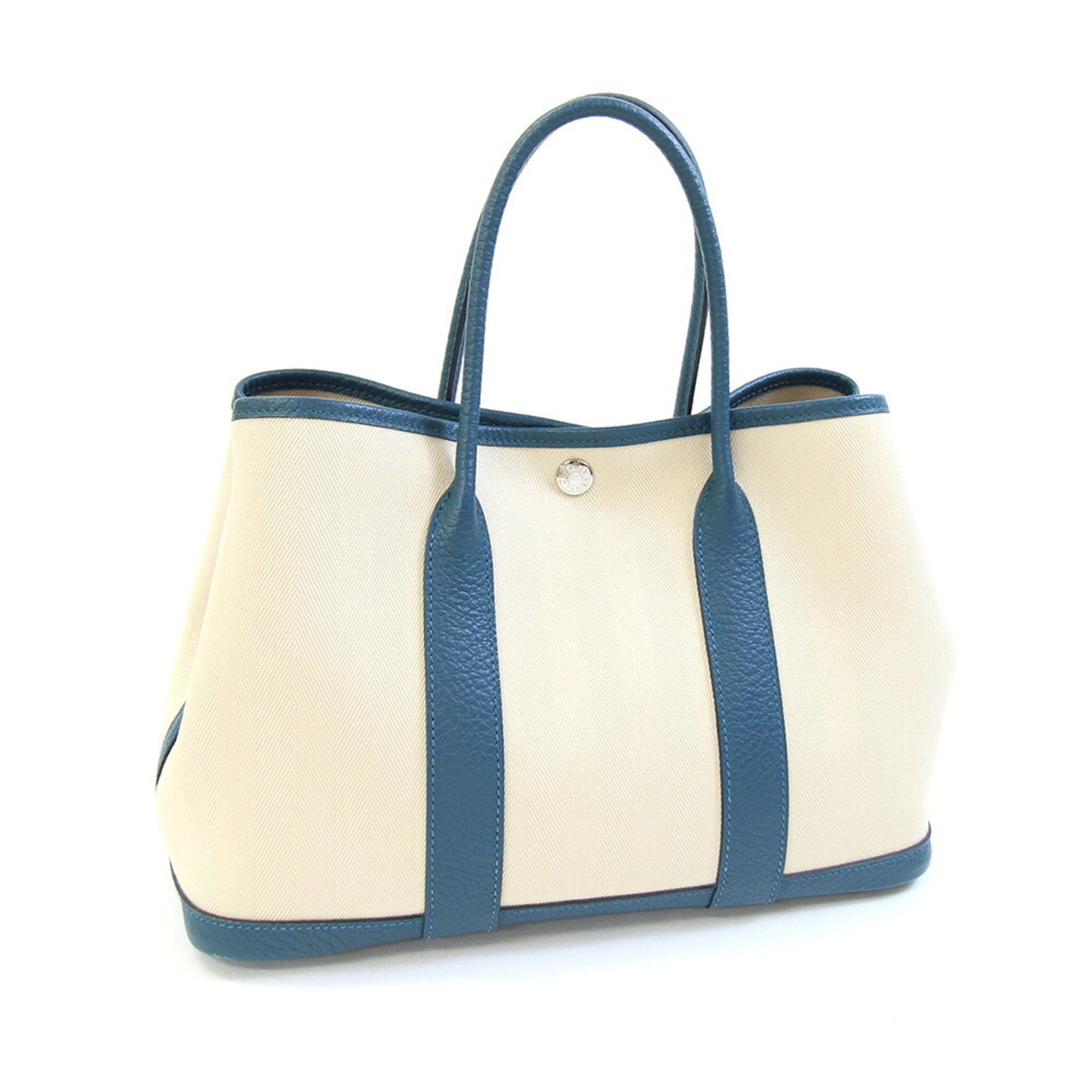 Hermes Beige Blue Toile Chevron Handbag Tote Bag (Pre-Owned)