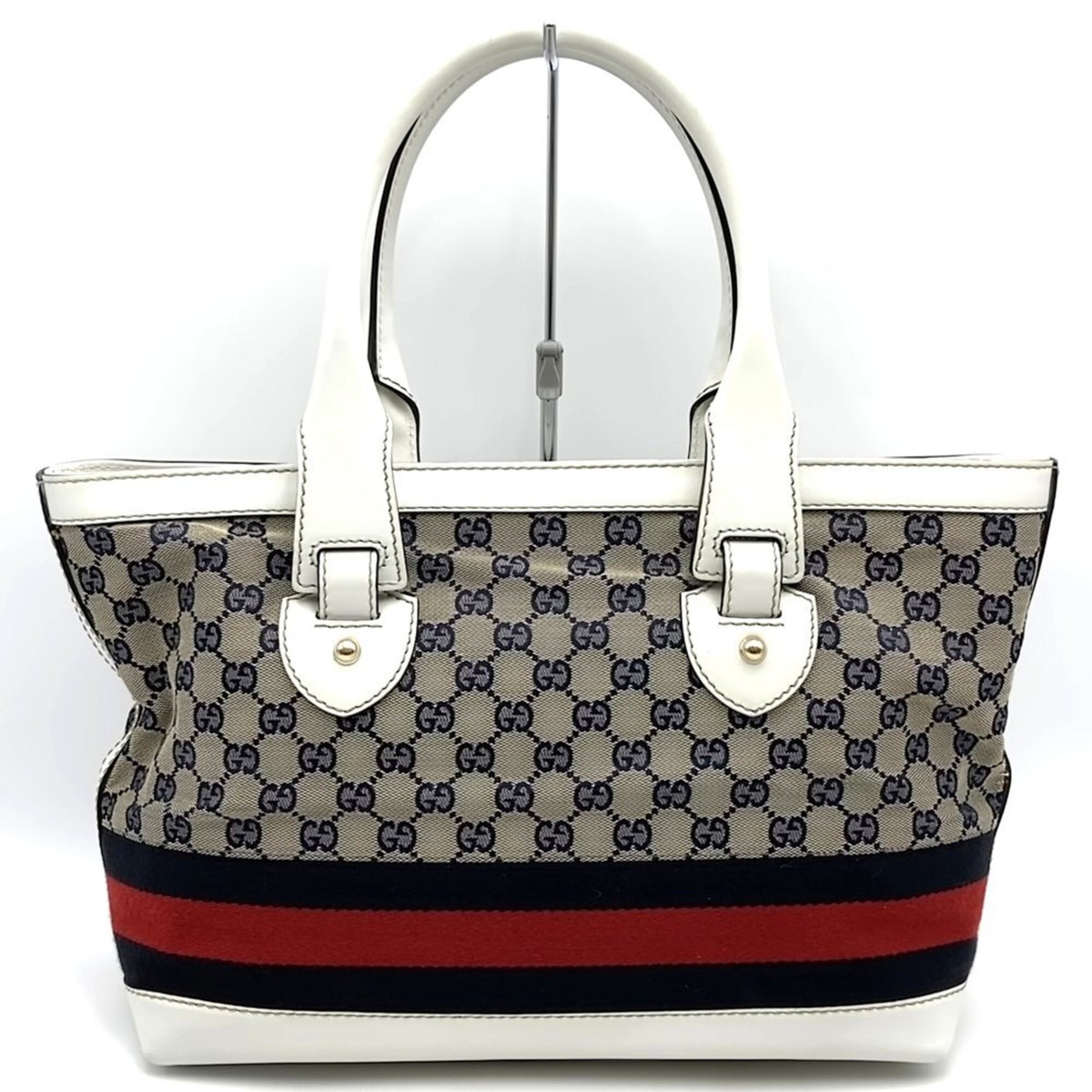 Gucci Beige Navy White Gg Canvas Tote Bag (Pre-Owned)