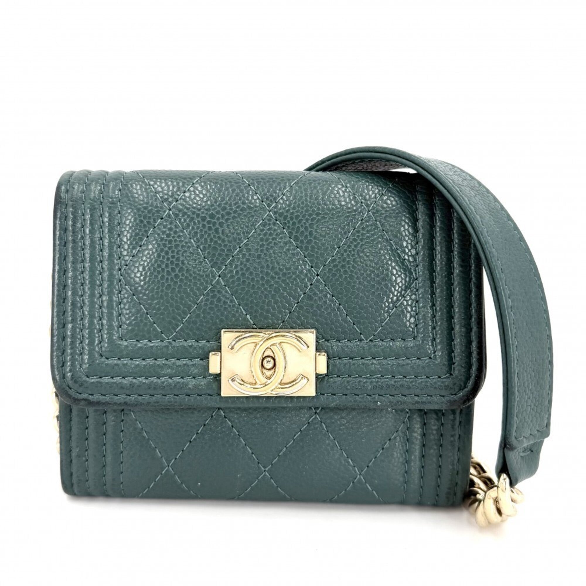 Chanel Matelasse Green Grained Calfskin Chain/Shoulder Wallet (Pre-Owned)