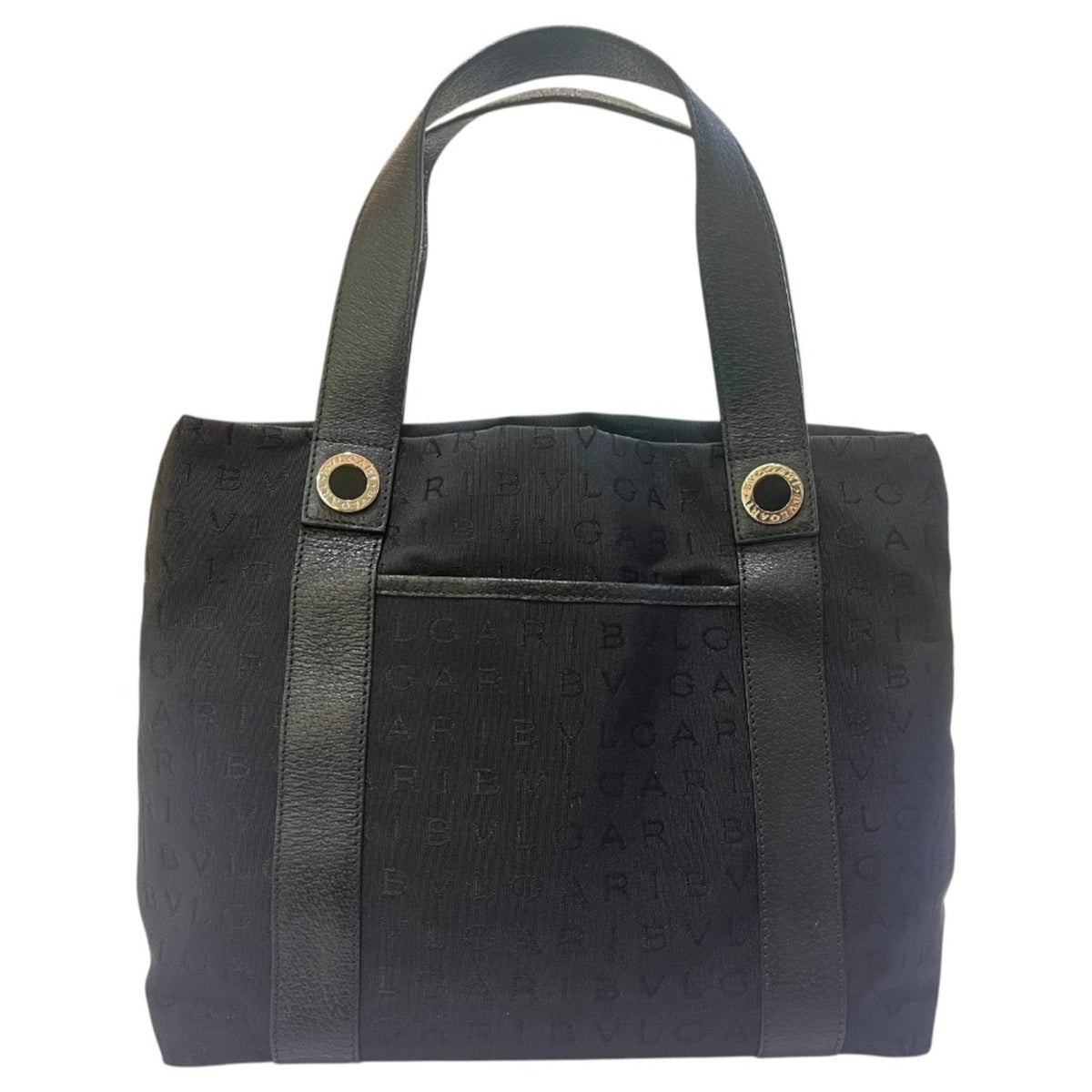 Bvlgari Logomania Black Leather Canvas Handbag Tote Bag (Pre-Owned)