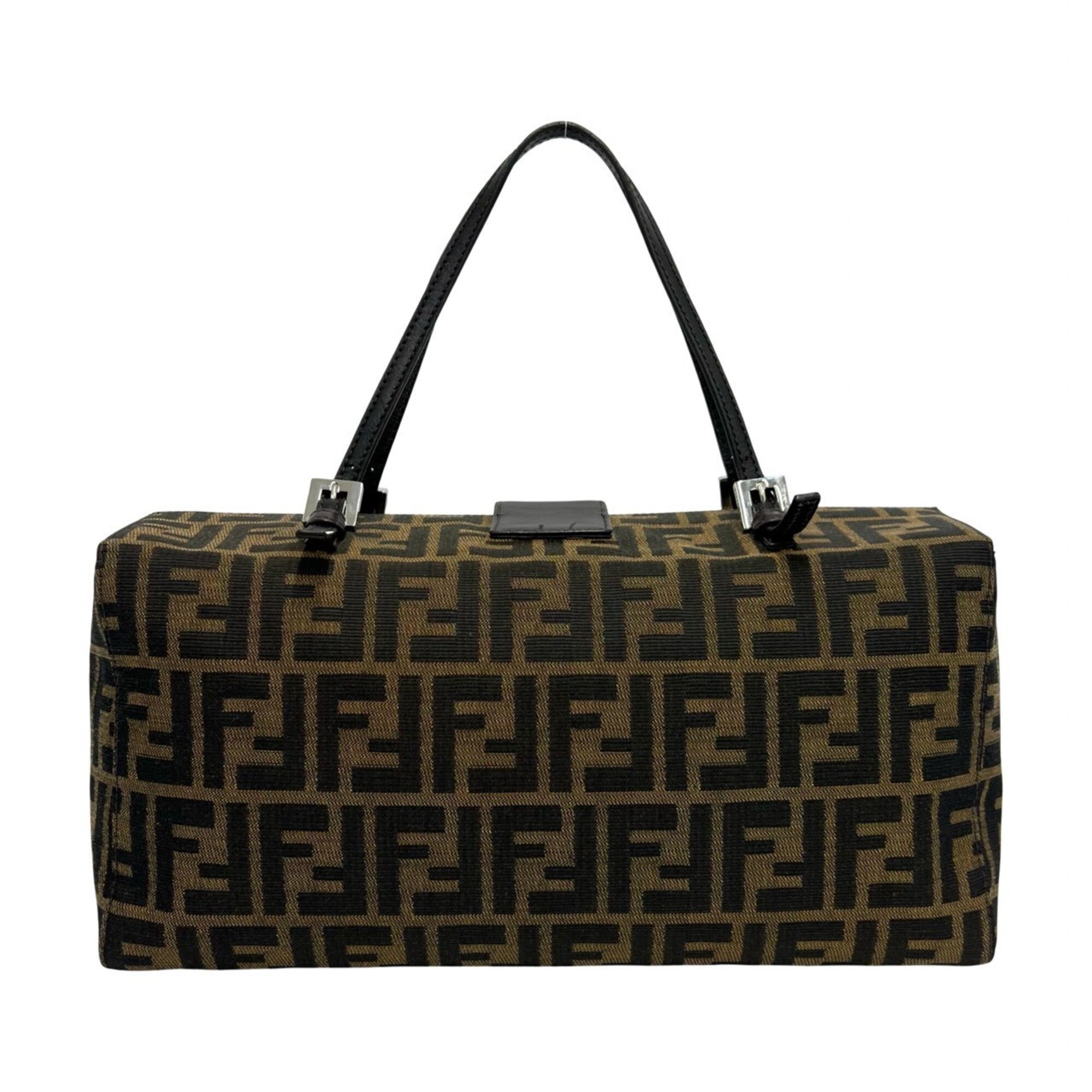 Fendi Black Brown Canvas Leather Boston Bag Handbag Tote Bag (Pre-Owned)