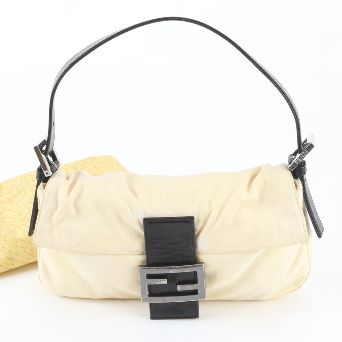 Fendi Beige Black Leather Canvas Handbag Shoulder Bag (Pre-Owned)