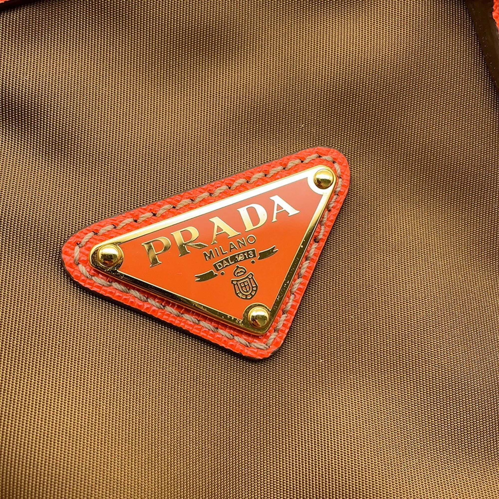 Prada Khaki Orange Nylon Leather Handbag Shoulder Bag (Pre-Owned)