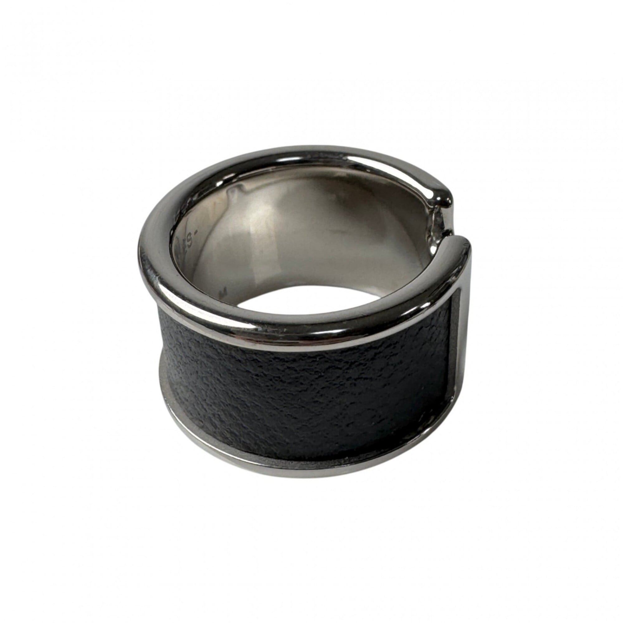 Hermes Silver Black Leather Metal Band Ring (Pre-Owned)