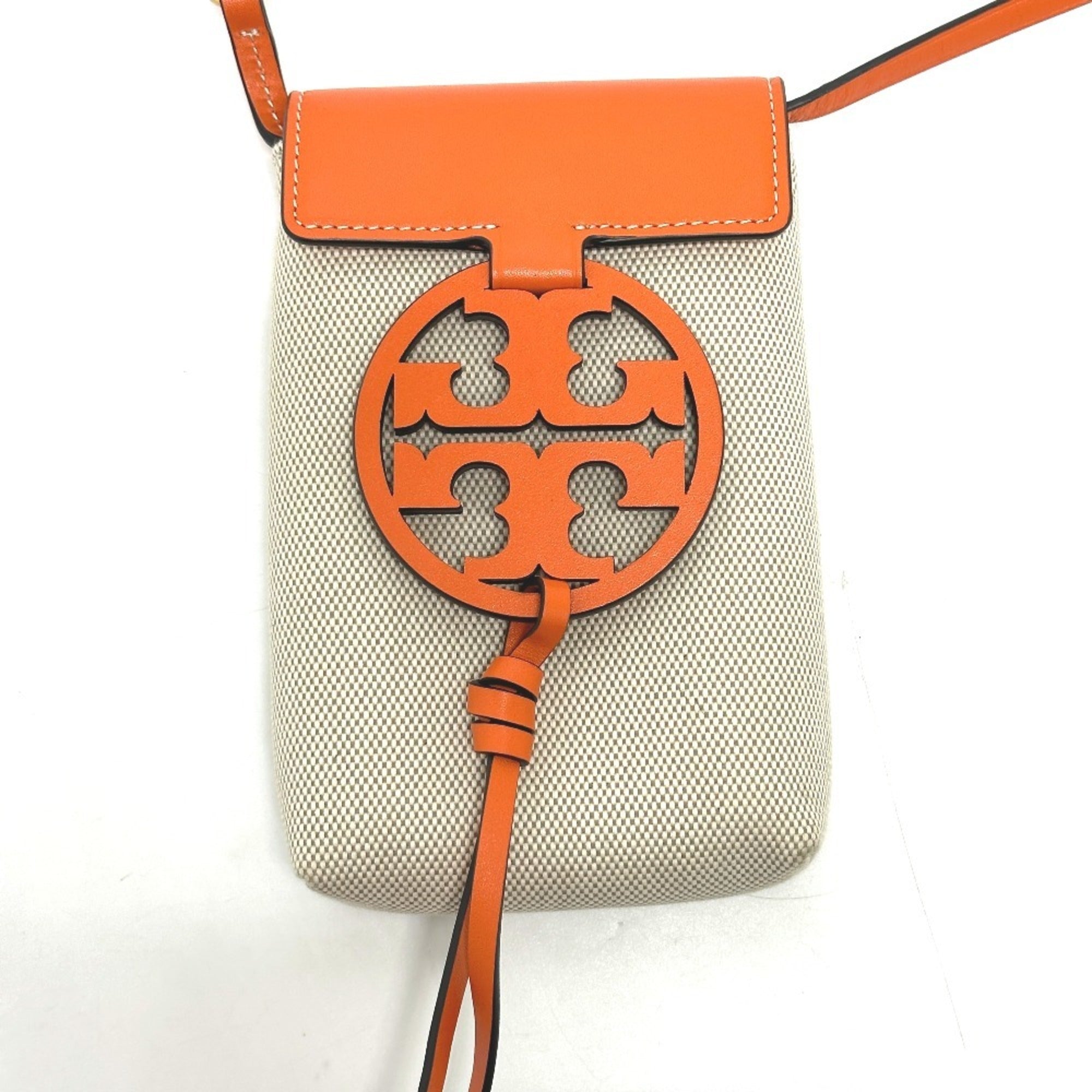 Tory Burch Beige Orange Canvas Leather Pochette Shoulder Bag (Pre-Owned)