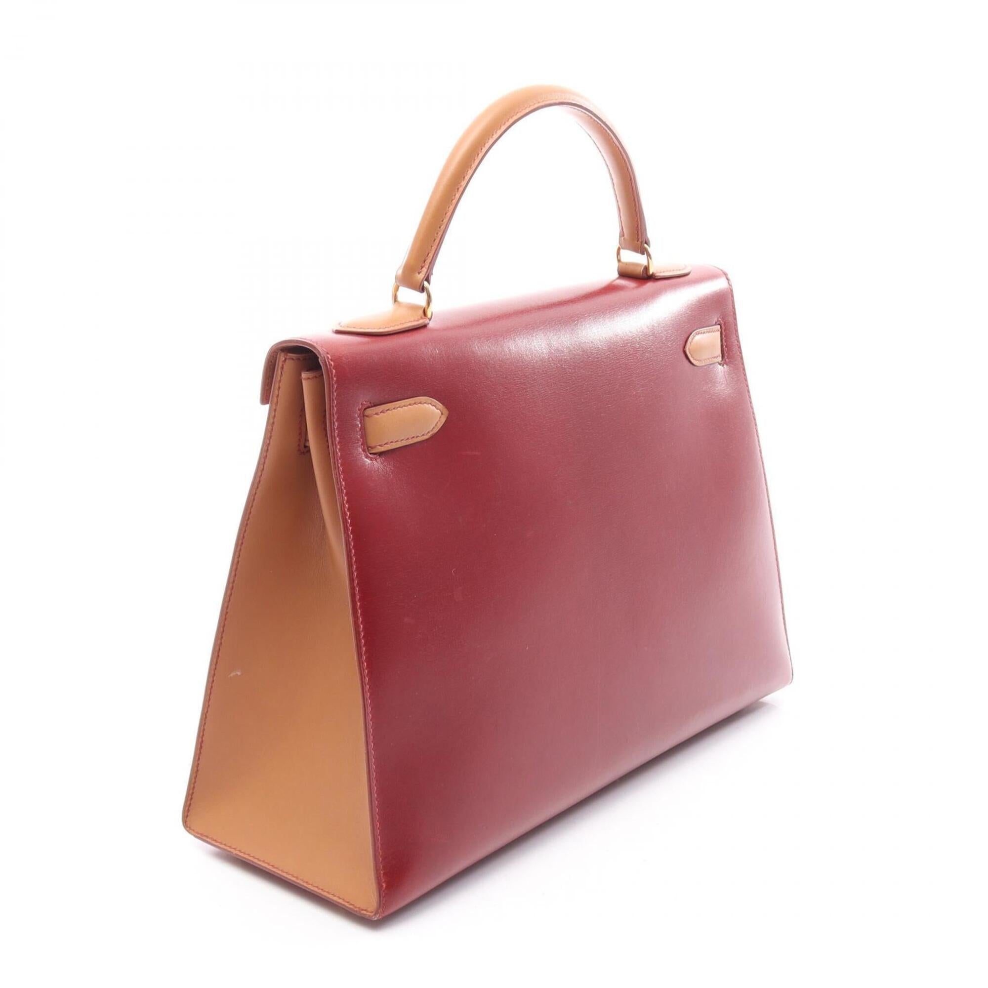 Hermes Bordeaux Brown Red Color Box Calf Leather Leather Handbag (Pre-Owned)