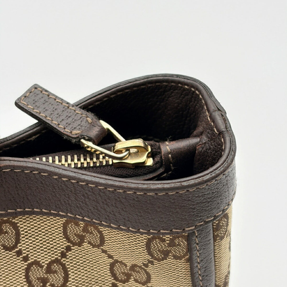 Gucci Beige Dark Brown Gg Canvas Leather Tote Bag (Pre-Owned)