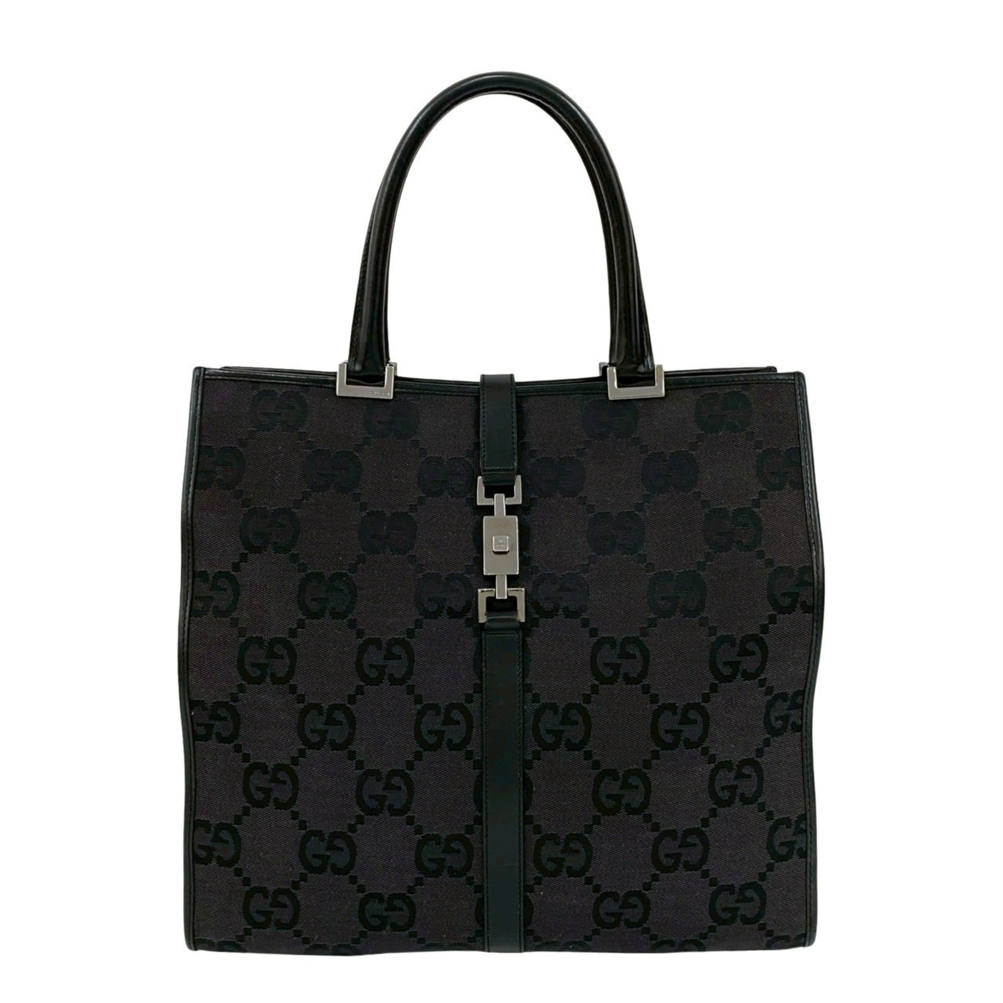 Gucci Black Gray Canvas Leather Handbag Tote Bag (Pre-Owned)
