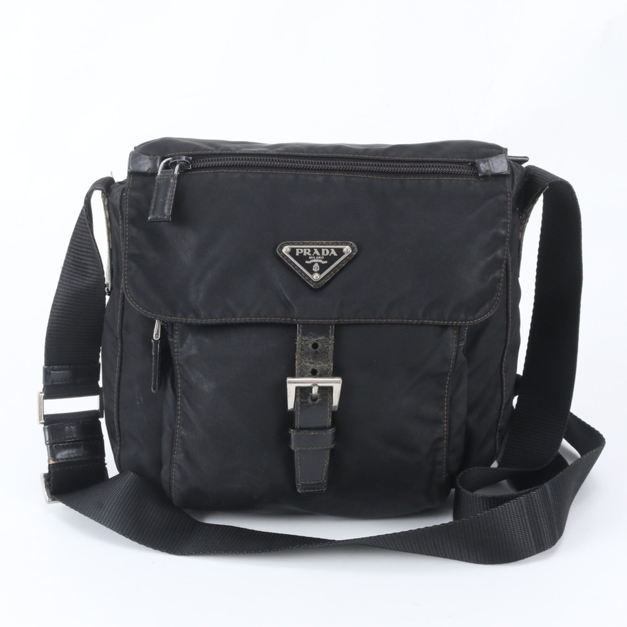 Prada Black Nylon Leather Messenger Bag Shoulder Bag (Pre-Owned)