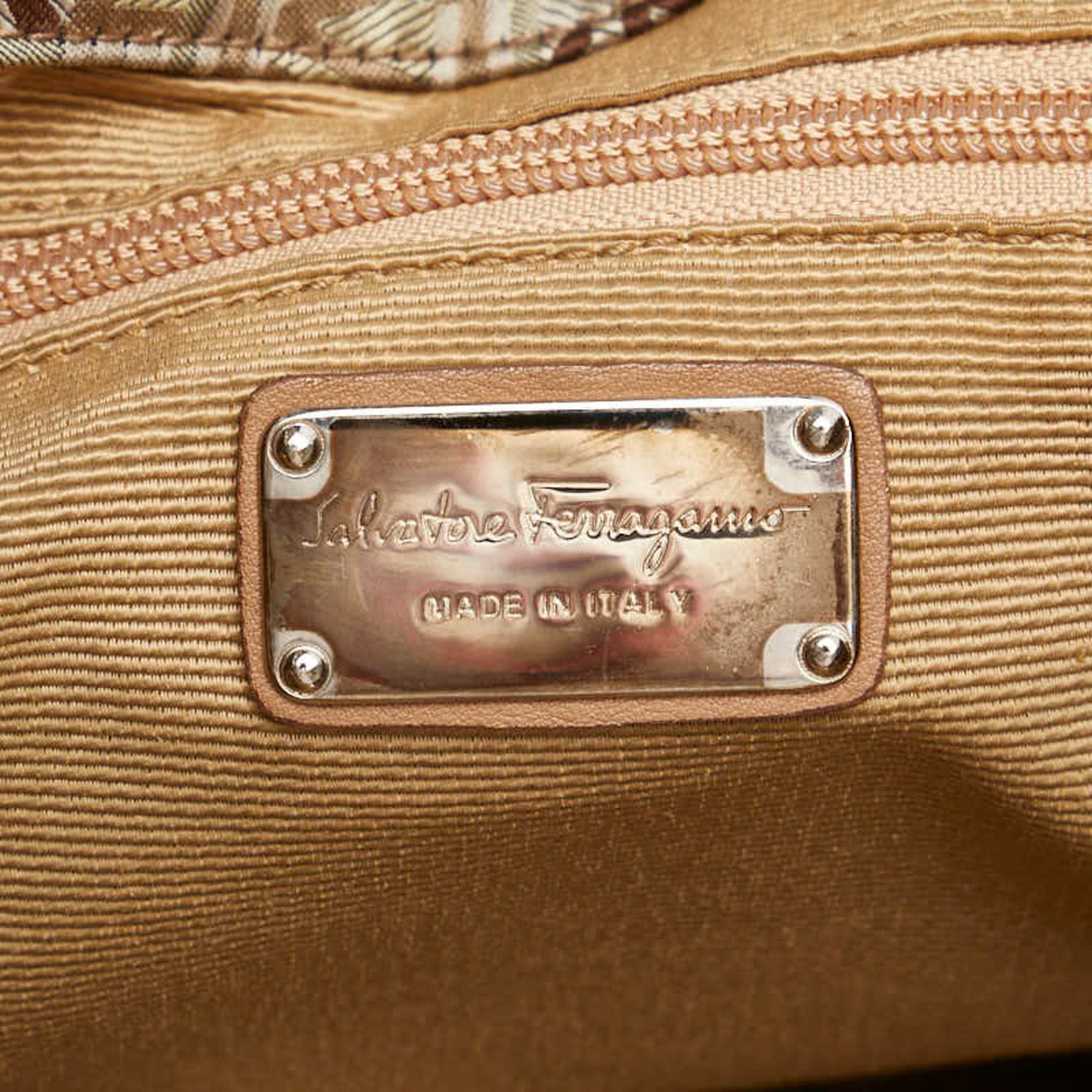 Salvatore Ferragamo Beige Gray Canvas Leather Shoulder Bag Tote Bag (Pre-Owned)