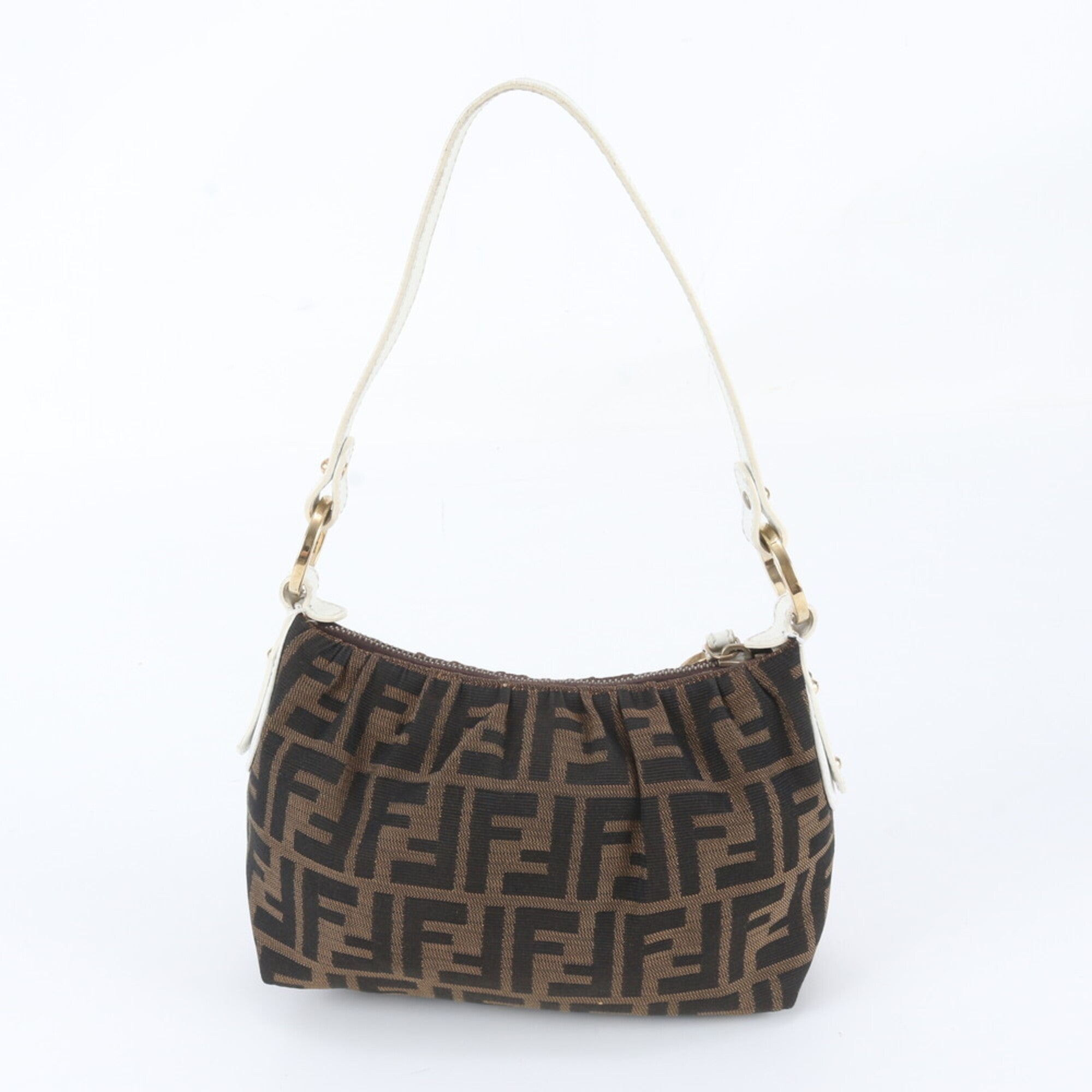 Fendi Brown White Leather Canvas Pouch Shoulder Bag (Pre-Owned)