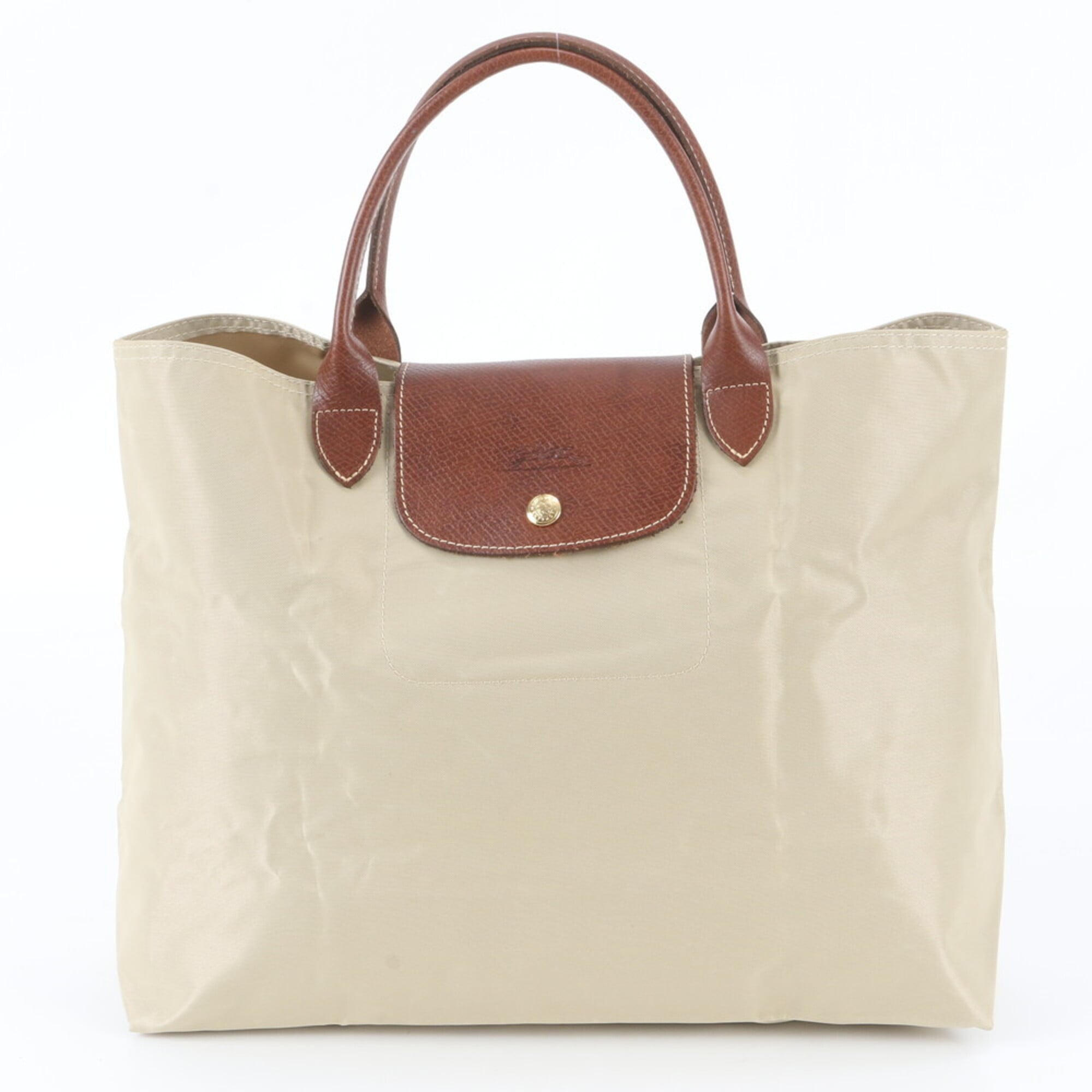 Longchamp Beige Leather Nylon Handbag Shoulder Bag Tote Bag (Pre-Owned)