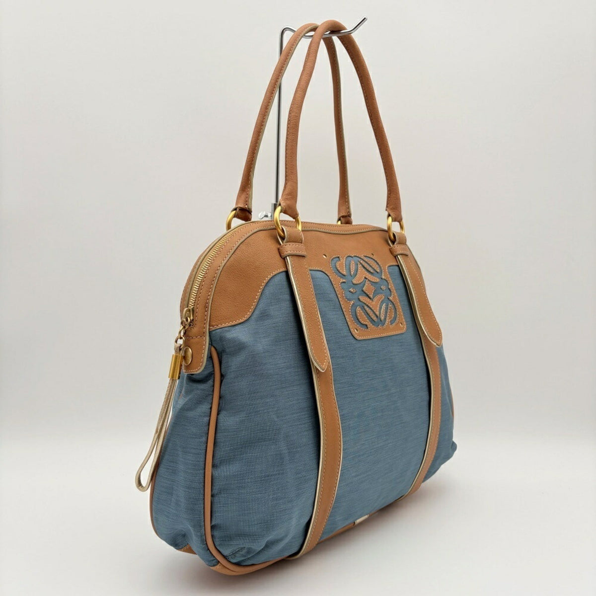 Loewe Beige Blue Nylon Leather Boston Bag Tote Bag (Pre-Owned)