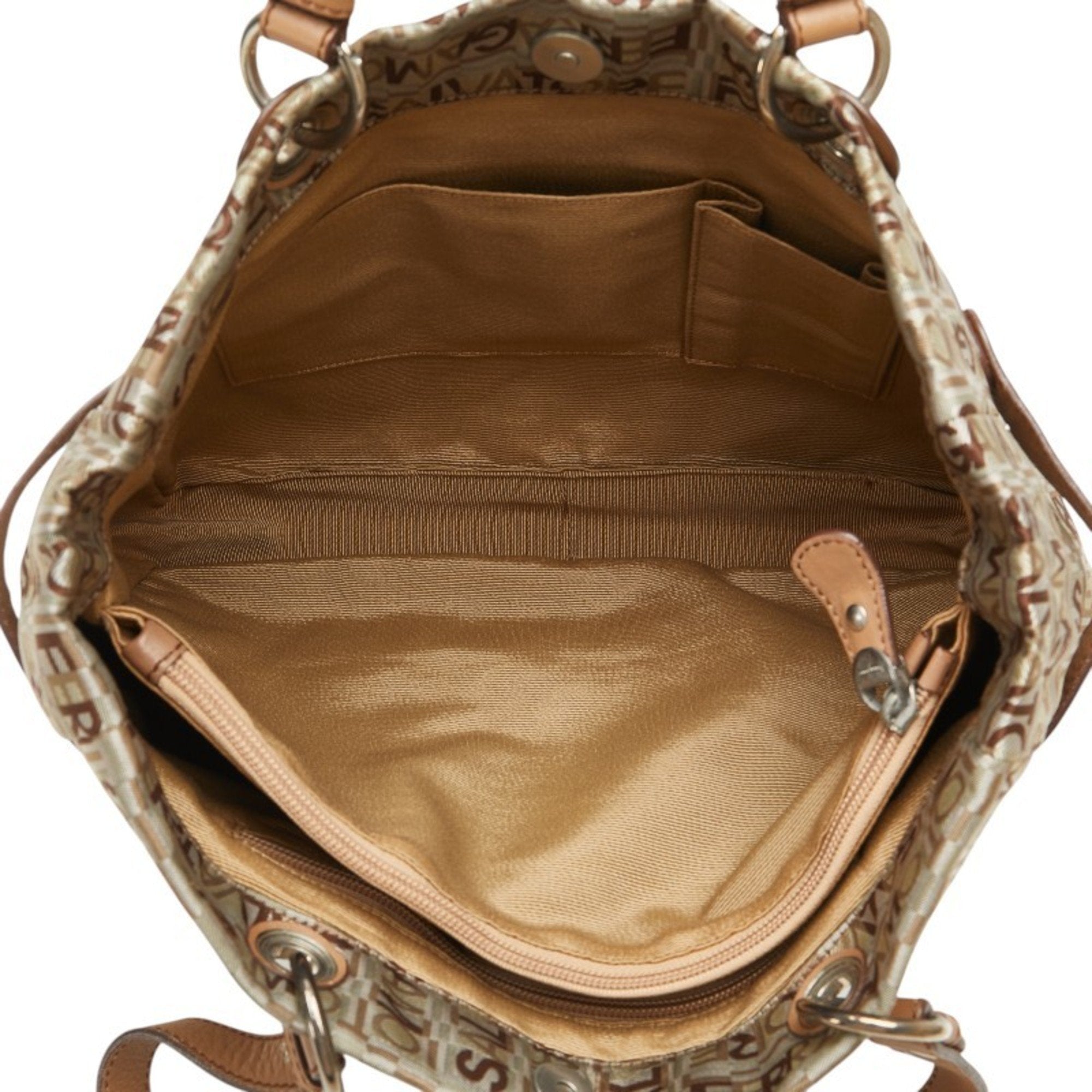 Salvatore Ferragamo Beige Gray Canvas Leather Shoulder Bag Tote Bag (Pre-Owned)