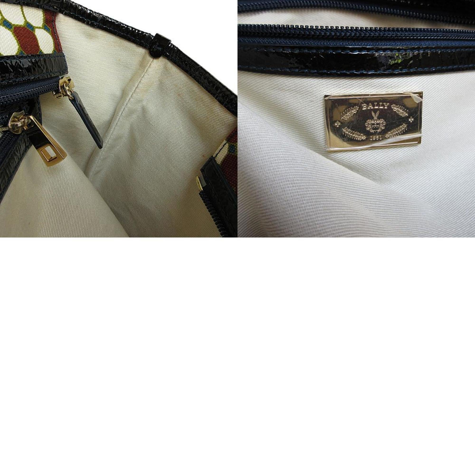 Bally Black Brown Off-White Canvas Patent Leather Handbag Tote Bag (Pre-Owned)