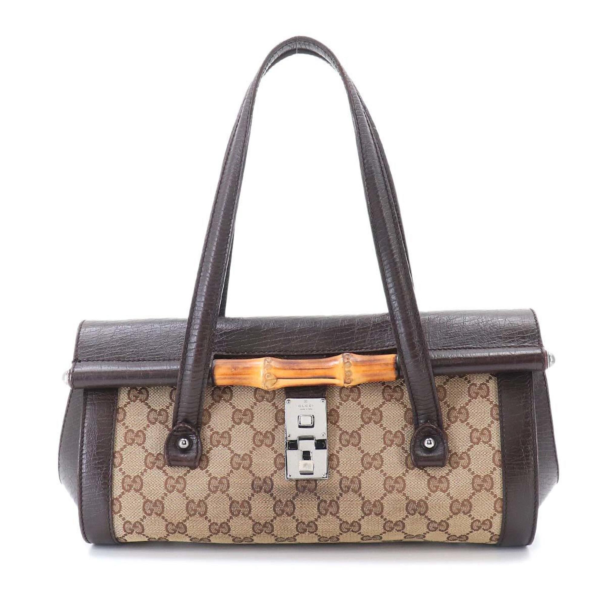 Gucci Beige Brown Gg Canvas Leather Handbag (Pre-Owned)
