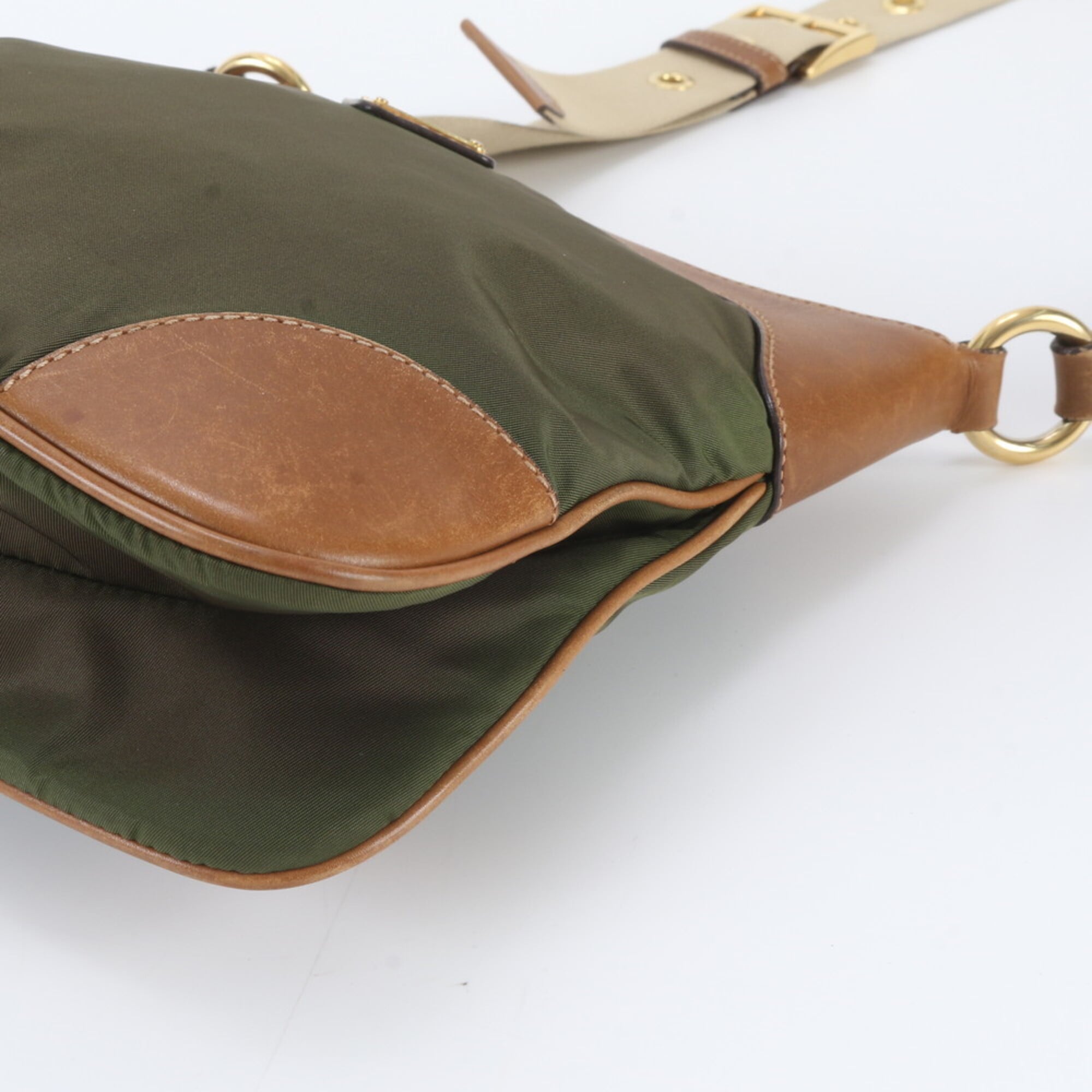 Prada Khaki Leather Nylon Messenger Bag Shoulder Bag (Pre-Owned)