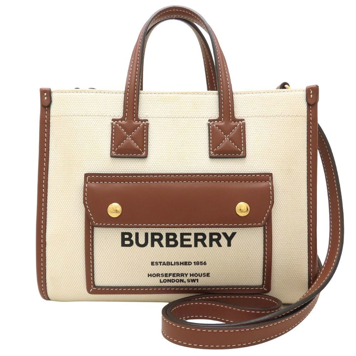 Burberry Brown Ivory Canvas Leather Handbag (Pre-Owned)
