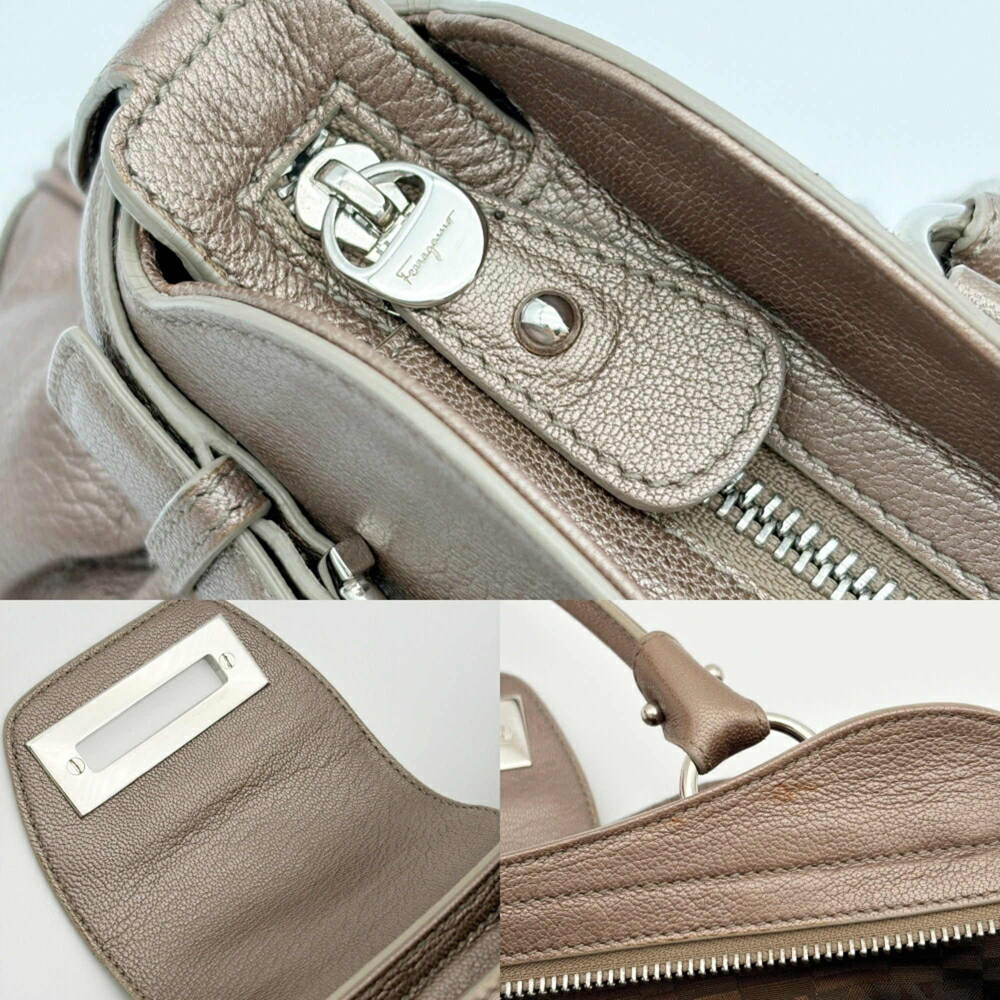 Salvatore Ferragamo Gancini Bronze Leather Handbag (Pre-Owned)
