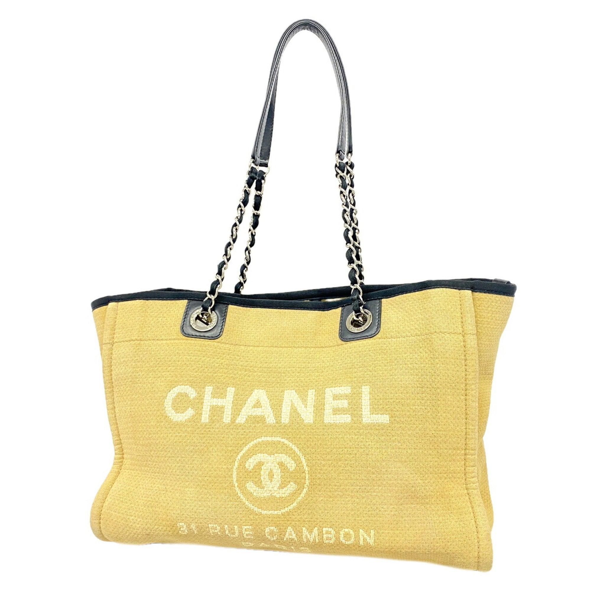 Chanel Beige Black Canvas Tote Bag (Pre-Owned)