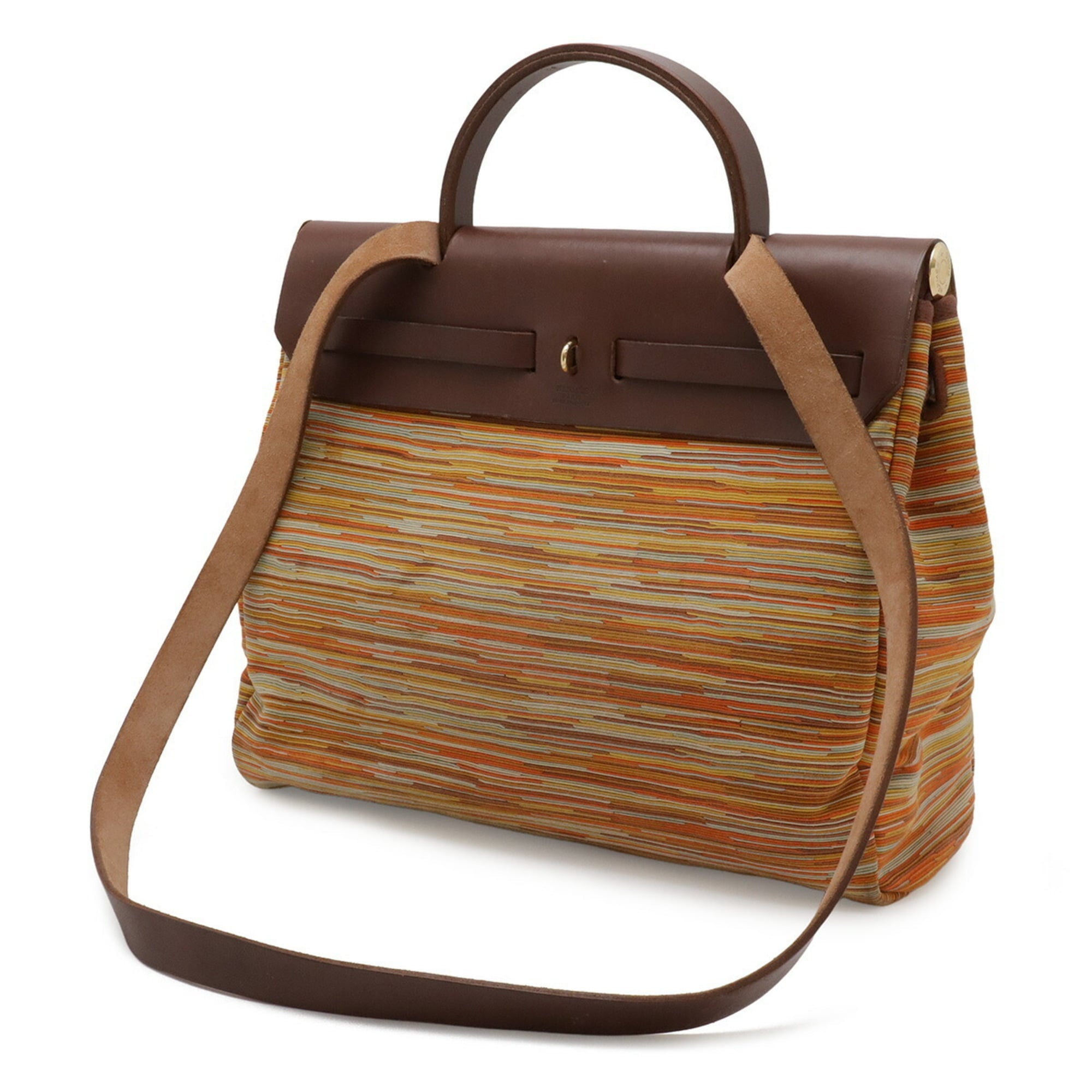 Hermes Brown Orange Vibrato Leather Leather Toile Officier Handbag Shoulder Bag (Pre-Owned)
