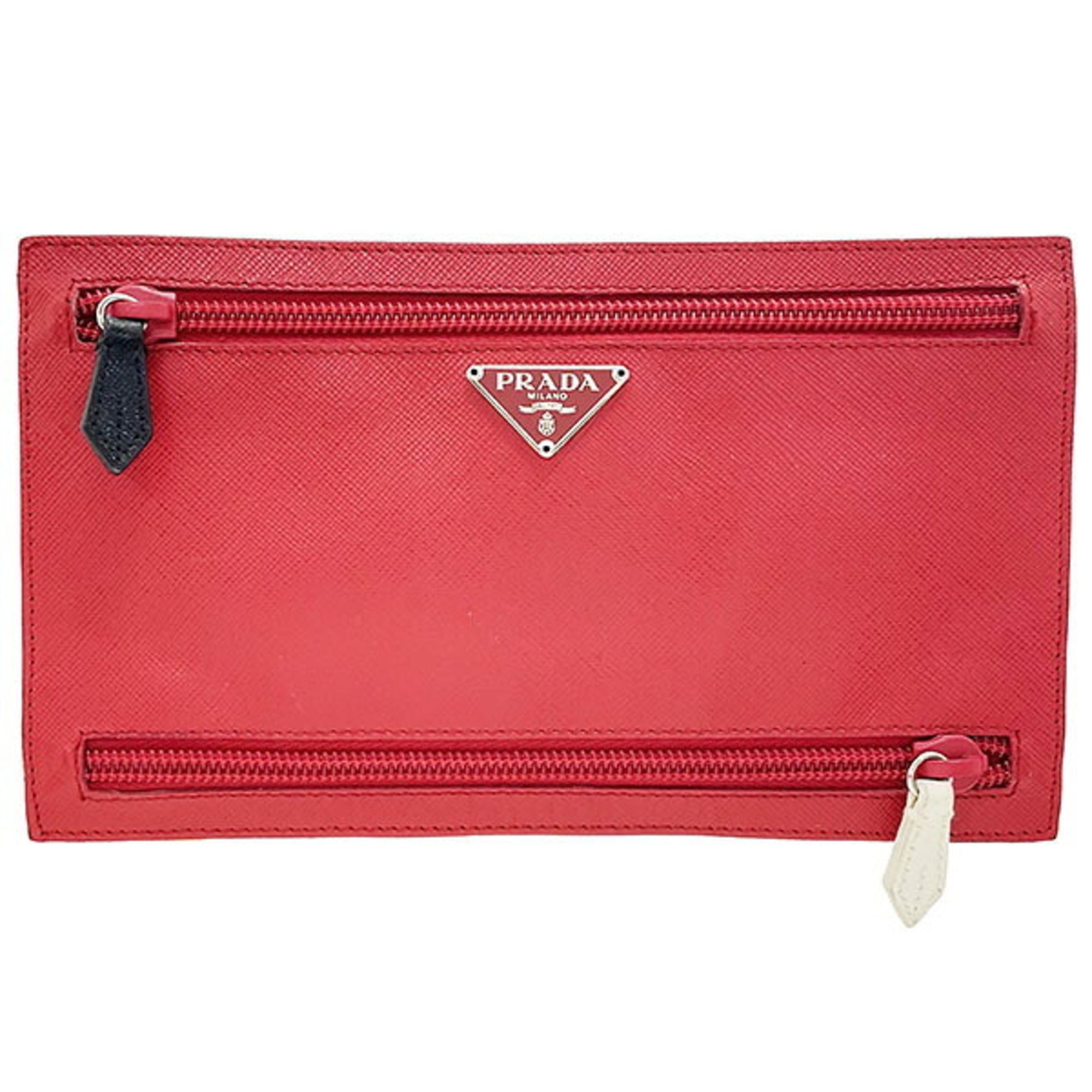 Prada Black Multi-Color Orange Red Color White Yellow Leather Saffiano Pouch (Pre-Owned)