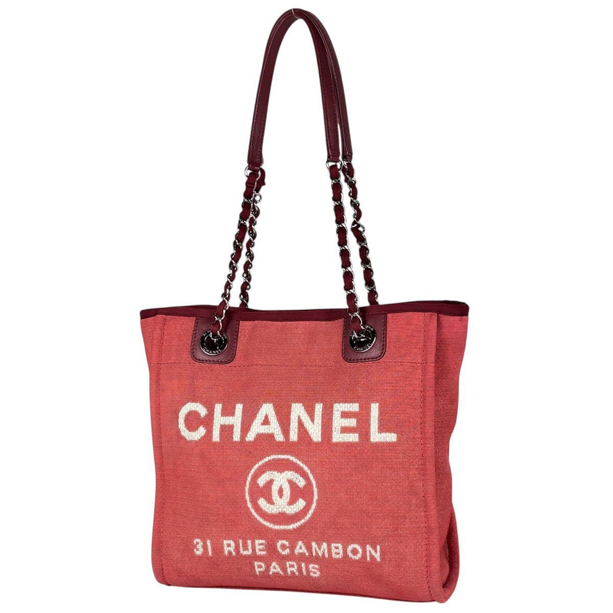 Chanel Deauville Red Color Canvas Leather Tote Bag (Pre-Owned)